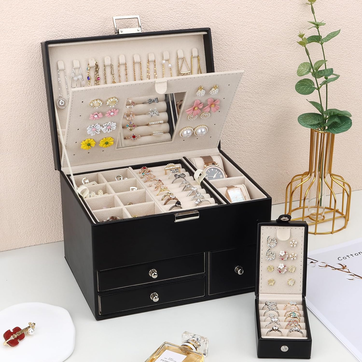 Jewelry Organizer Box, 3 Layers Large Jewelry Box with Travel Jewelry Case And Removable Tray