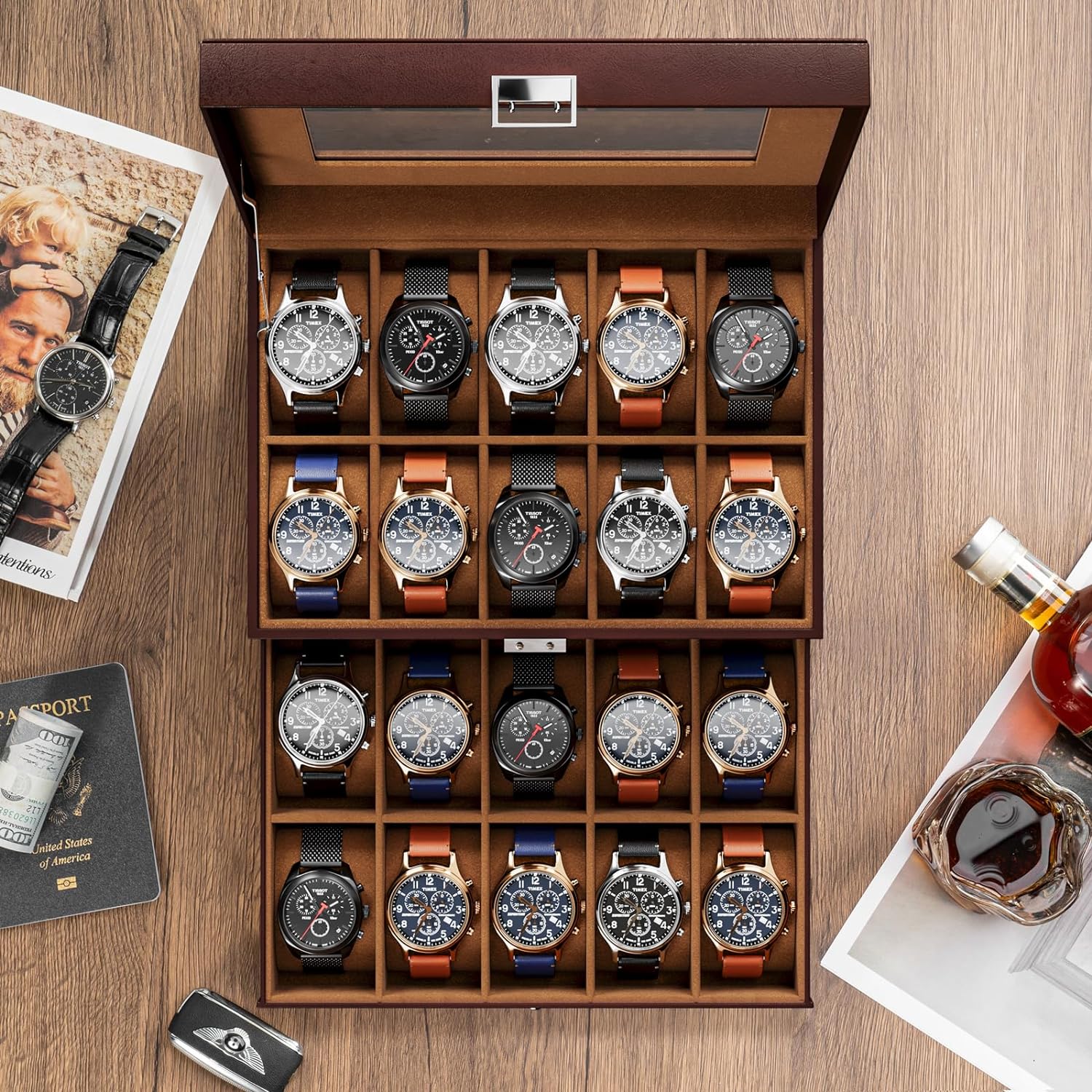 Watch Box for Men, 6 Slot Watch Display Case Mens Watch Box Organizer, PU Leather Watch Cases for Men Watch Storage, Valentines Gift Watch Holder Organizer with Glass Lid -6 Slot,