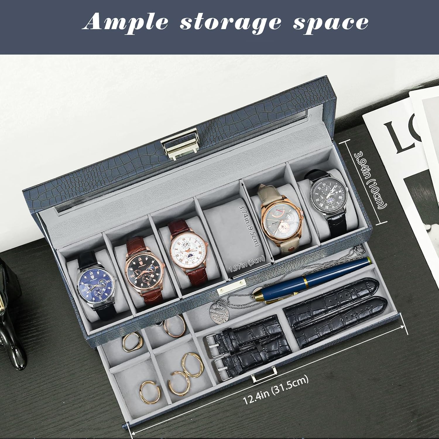 6 Slot Watch Display Case with Drawer, layer Jewelry and Watch Storage Case