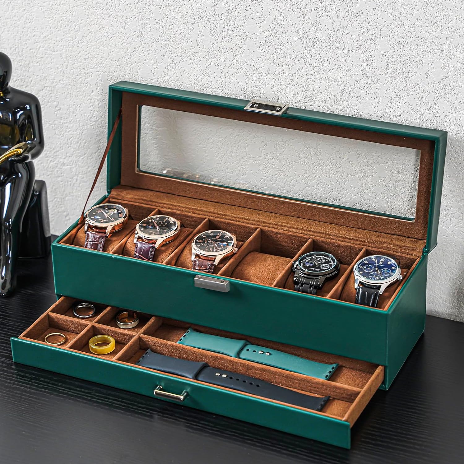 6 Slot Watch Display Case with Drawer, layer Jewelry and Watch Storage Case