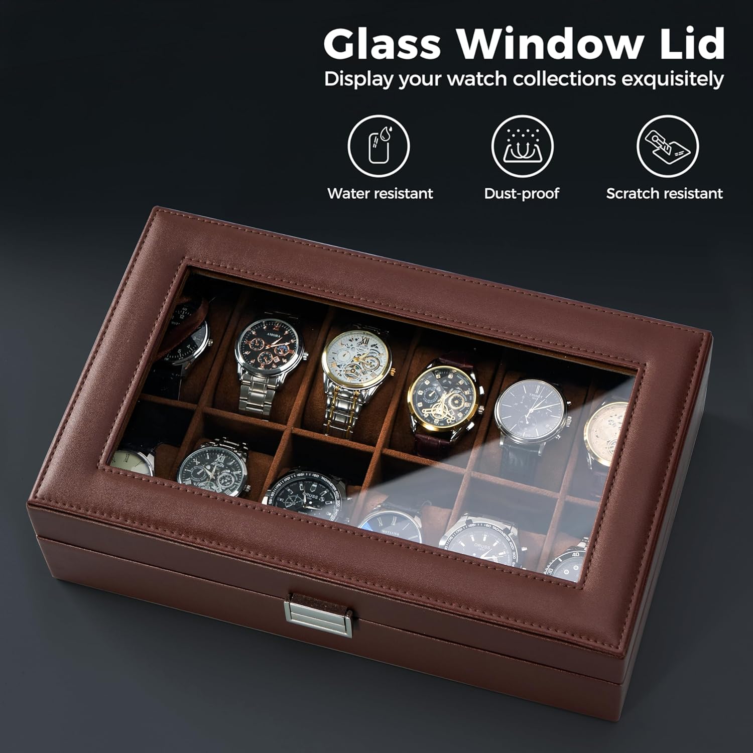 Watch Box for Men, 6 Slot Watch Display Case Mens Watch Box Organizer, PU Leather Watch Cases for Men Watch Storage, Valentines Gift Watch Holder Organizer with Glass Lid -6 Slot,