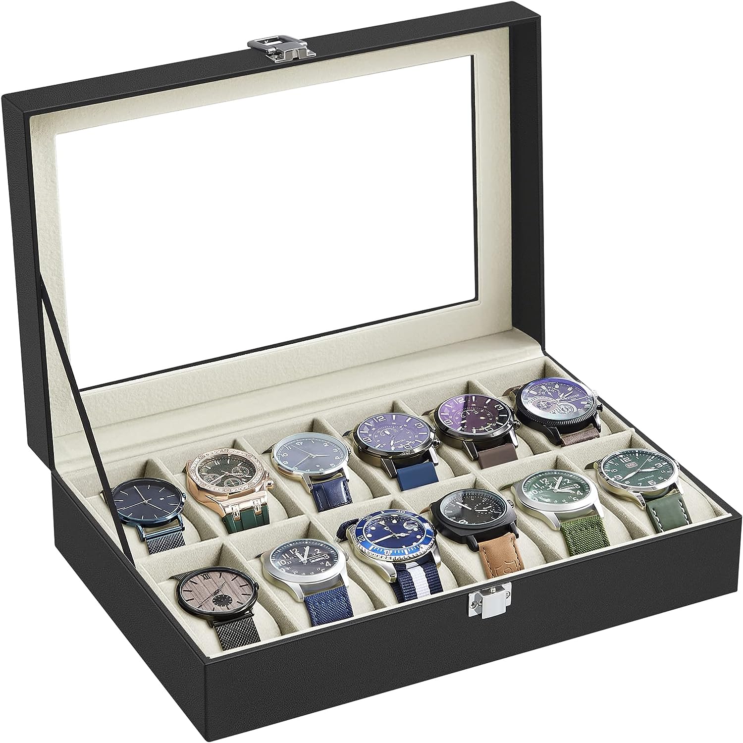 12-Slot Black Synthetic Leather Watch Box with Large Glass Lid and Removable Watch Pillows