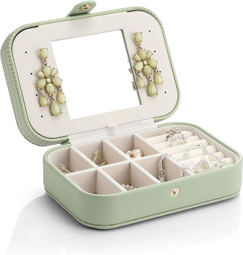 Travel Jewelry Case Box Women PU Leather 2 Layer Jewelry Organizer Holder for Necklace Earring Rings-Green