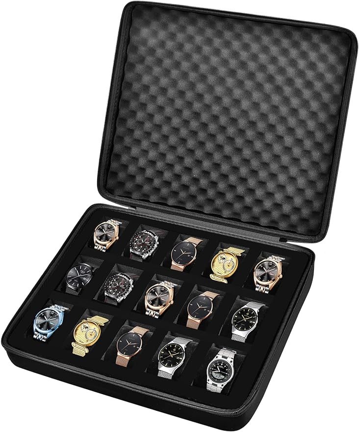 15 Slots Watch Box Organizer/Men Watch Display Storage Case Fits All Wristwatches and Smart Watches up to 42mm