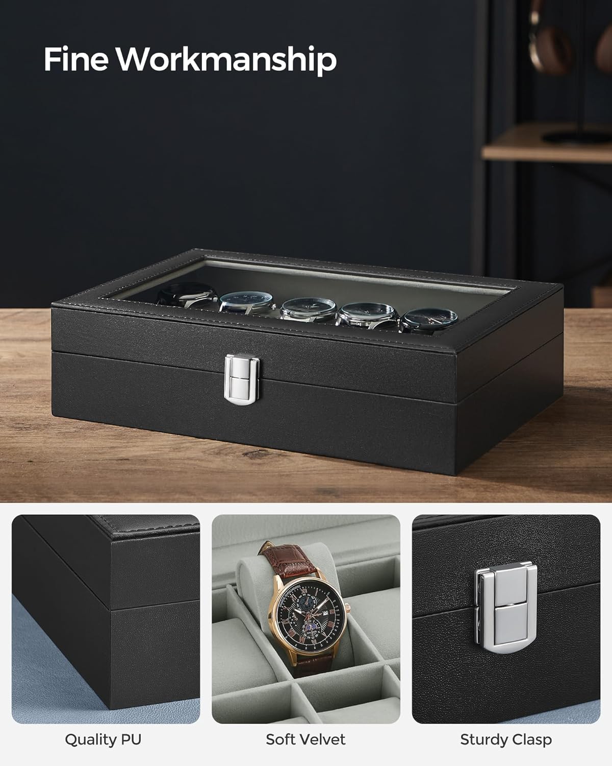 12-Slot Black Synthetic Leather Watch Box with Large Glass Lid and Removable Watch Pillows