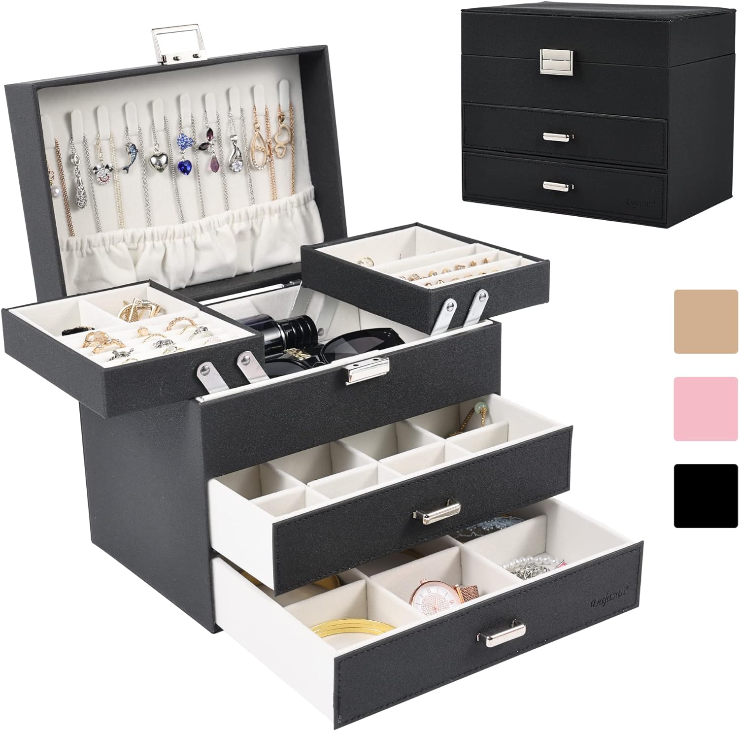 Jewelry Organizer Box for Women Girls, Jewelry Holder Organizer, 4 Layers Leather Jewelry Box