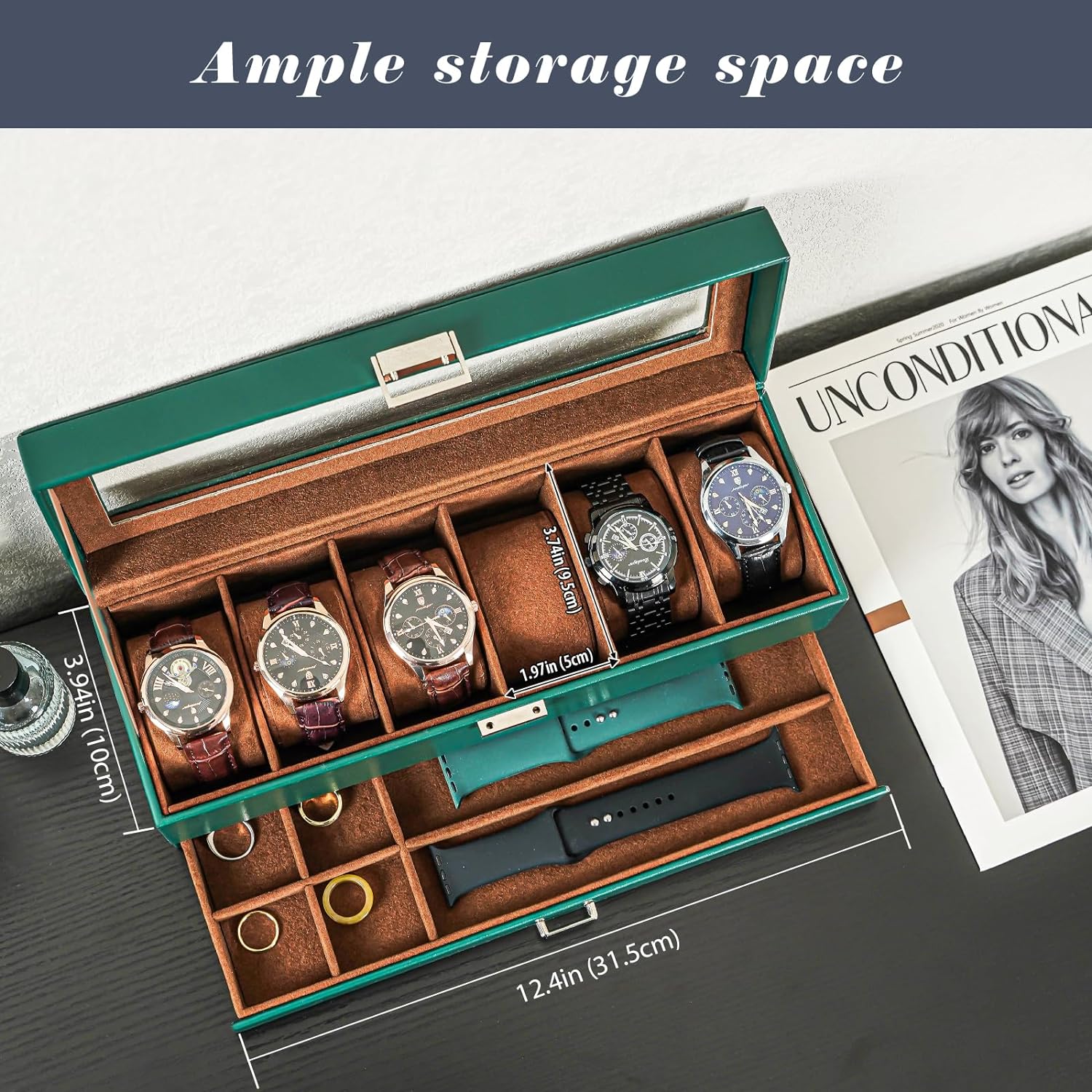 6 Slot Watch Display Case with Drawer, layer Jewelry and Watch Storage Case