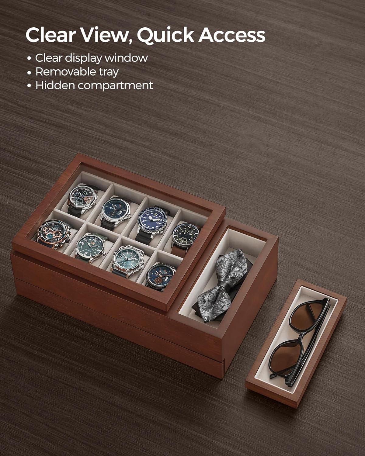 8-Slot Wooden Watch Box with Solid Wood Veneer, 2-Tier Watch Display Case with Transparent Window, Removable Watch Pillows, Velvet Lining, Gift Idea