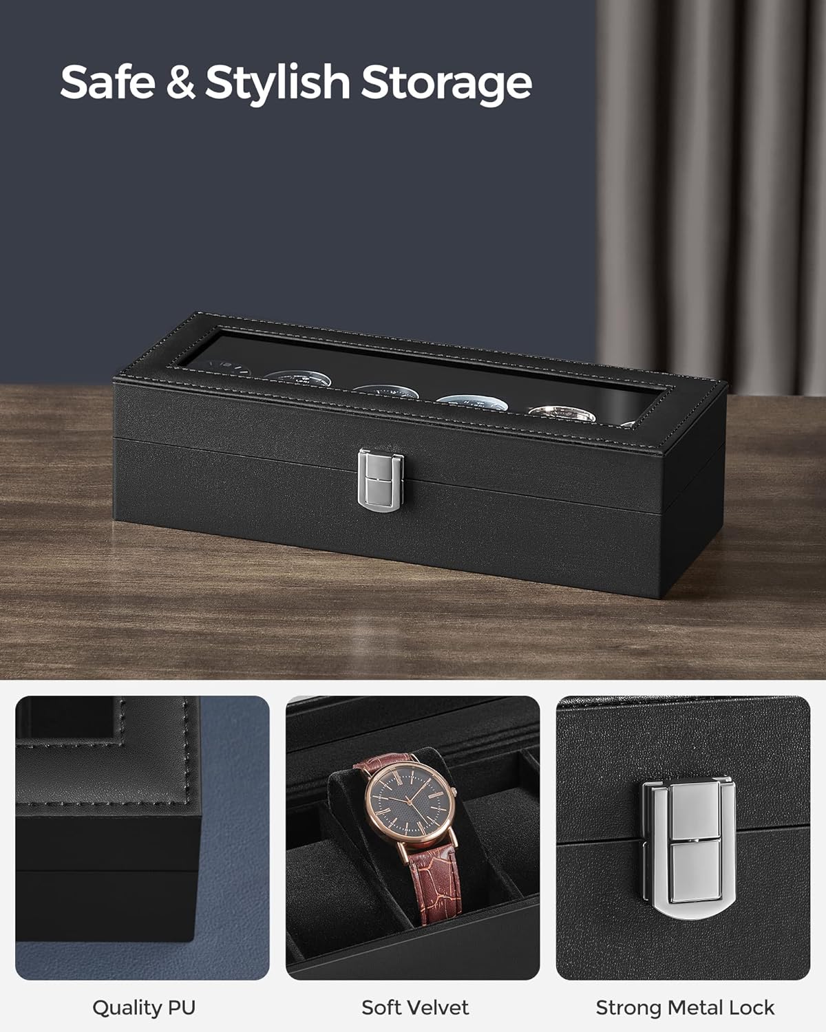 12-Slot Black Synthetic Leather Watch Box with Large Glass Lid and Removable Watch Pillows