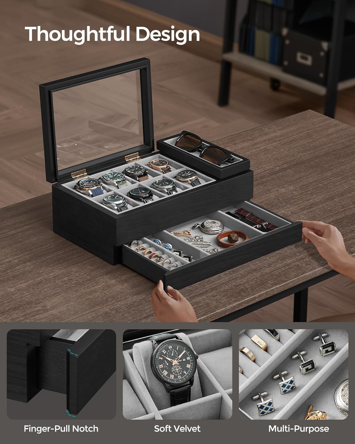 8-Slot Wooden Watch Box with Solid Wood Veneer, 2-Tier Watch Display Case with Transparent Window, Removable Watch Pillows, Velvet Lining, Gift Idea