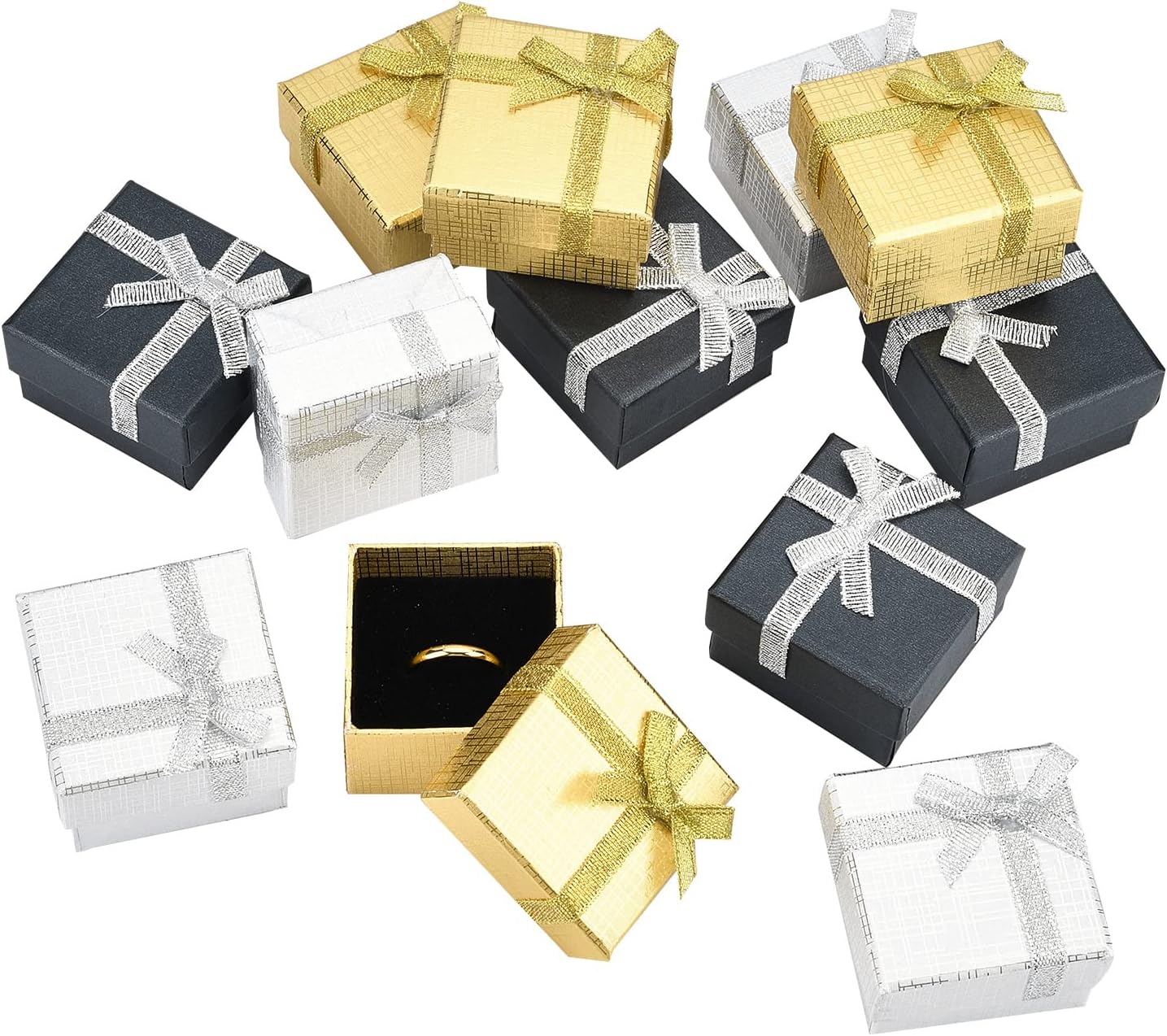 Jewelry Gift Box Set 12Pcs 2.7x2x1 Inch Cardboard Paper Jewelry Boxes Gift Cases with Ribbon Bowknot for Earring Jewelry Rings Pendant Necklaces Bracelet Packaging Box Golden Silver Black