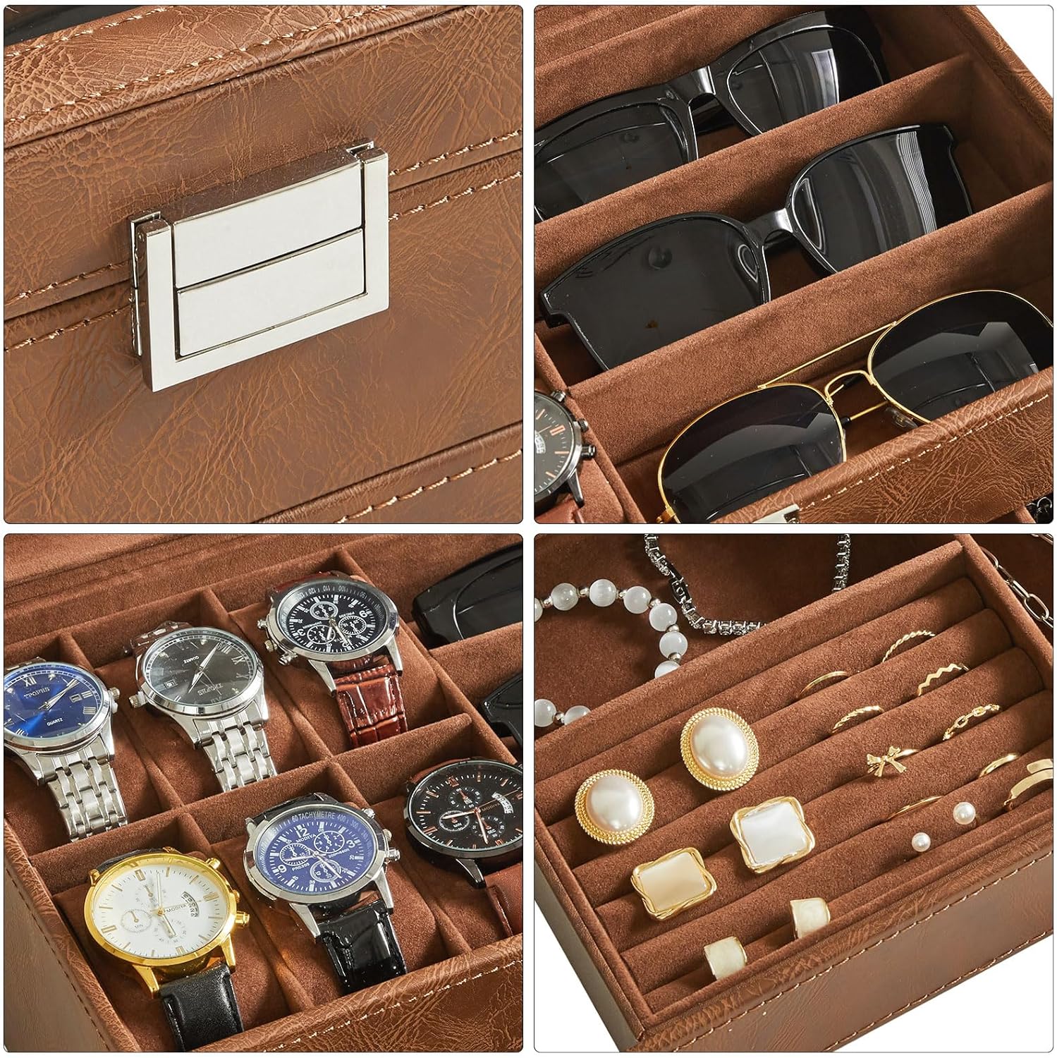 Watch Box 12 Slots PU Leather Watch Case for Men - Jewelry Display Drawer Case with Glass Top,Smooth Velvet Lining