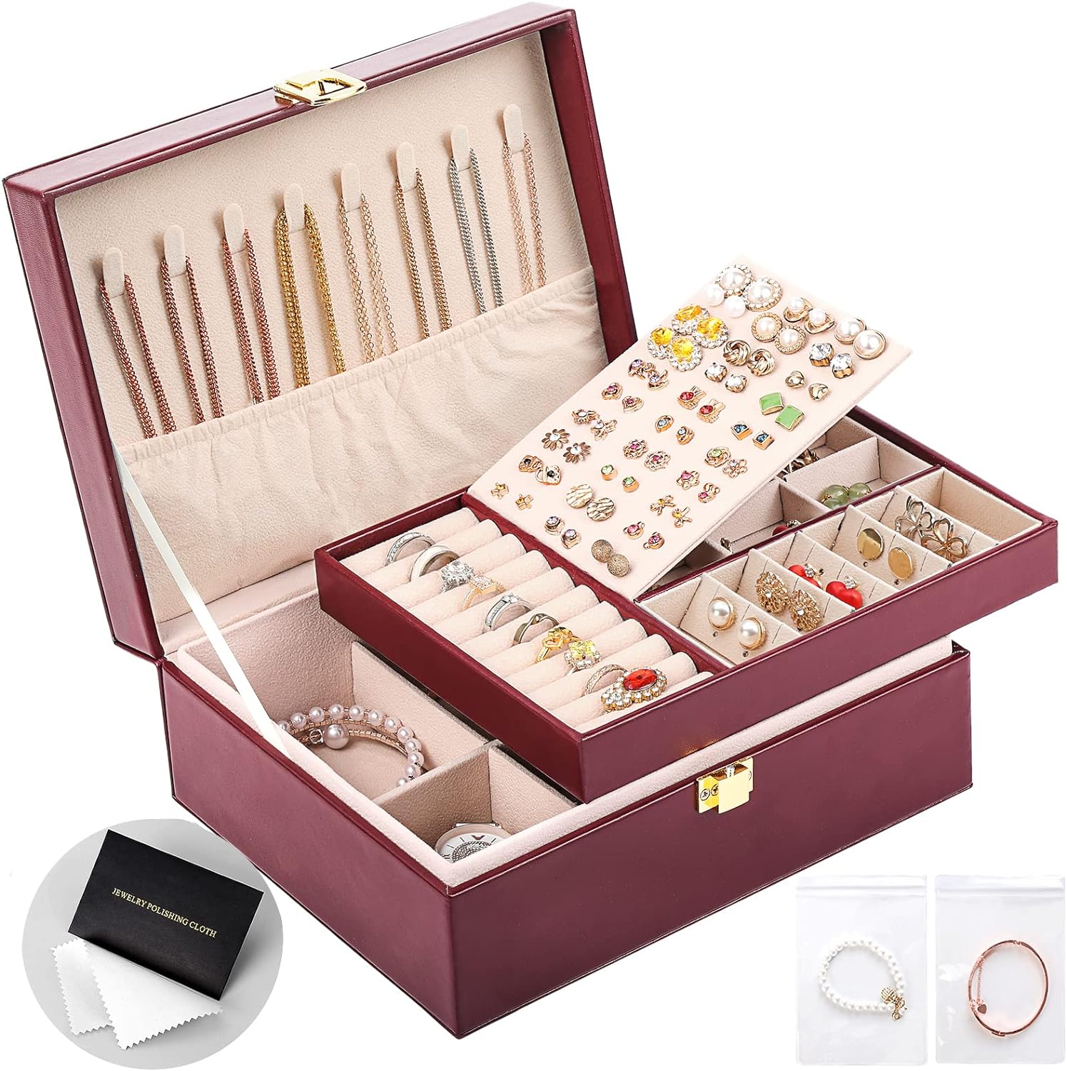 Leather Jewelry Box  Gift Earring Organizer Double Layers Jewelry Case Removable Tray for Necklace Earring Ring