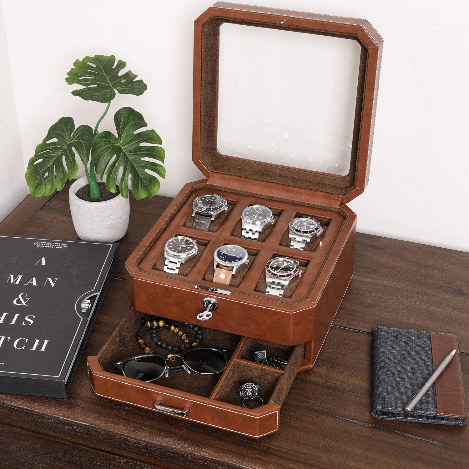 6 Slot Leather Watch Box with Valet Drawer - Luxury Watch Case Display Organizer, Microsuede Liner, Locking Mens Jewelry Watches Holder, Men's Storage Boxes Holder Large Glass Top