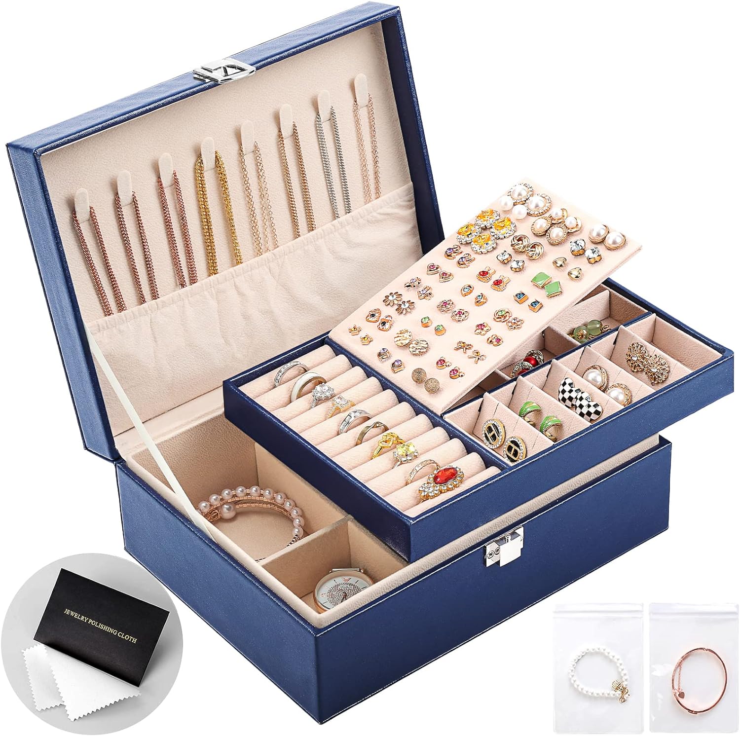 Leather Jewelry Box  Gift Earring Organizer Double Layers Jewelry Case Removable Tray for Necklace Earring Ring