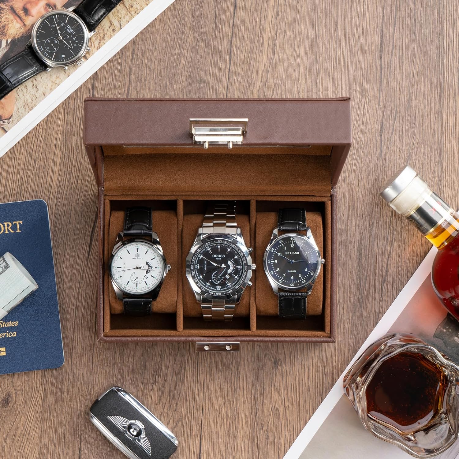 Watch Box for Men, 6 Slot Watch Display Case Mens Watch Box Organizer, PU Leather Watch Cases for Men Watch Storage, Valentines Gift Watch Holder Organizer with Glass Lid -6 Slot,