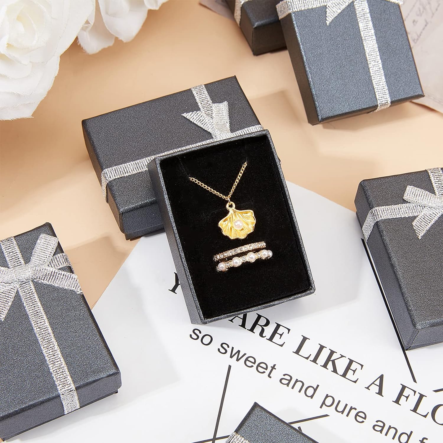 Jewelry Gift Box Set 12Pcs 2.7x2x1 Inch Cardboard Paper Jewelry Boxes Gift Cases with Ribbon Bowknot for Earring Jewelry Rings Pendant Necklaces Bracelet Packaging Box Golden Silver Black