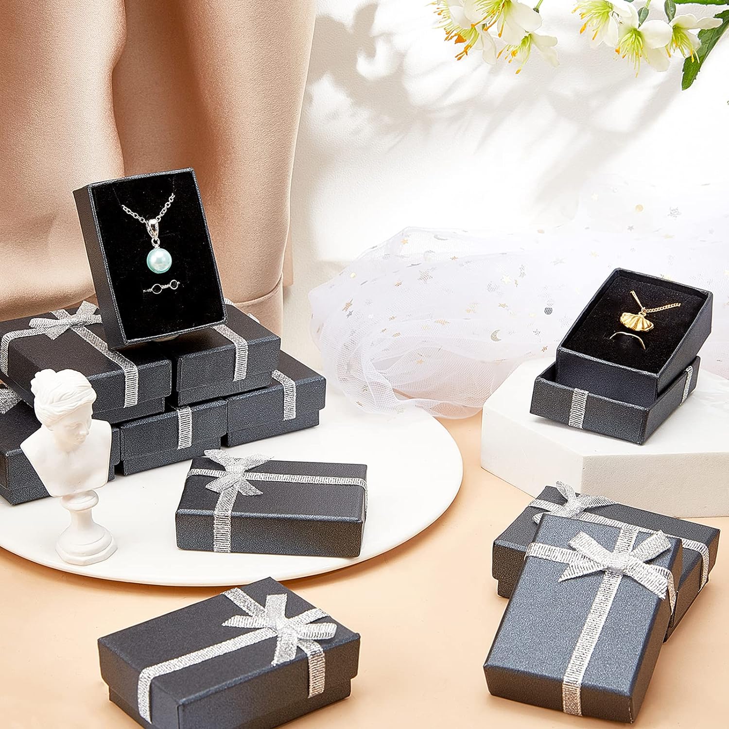 Jewelry Gift Box Set 12Pcs 2.7x2x1 Inch Cardboard Paper Jewelry Boxes Gift Cases with Ribbon Bowknot for Earring Jewelry Rings Pendant Necklaces Bracelet Packaging Box Golden Silver Black