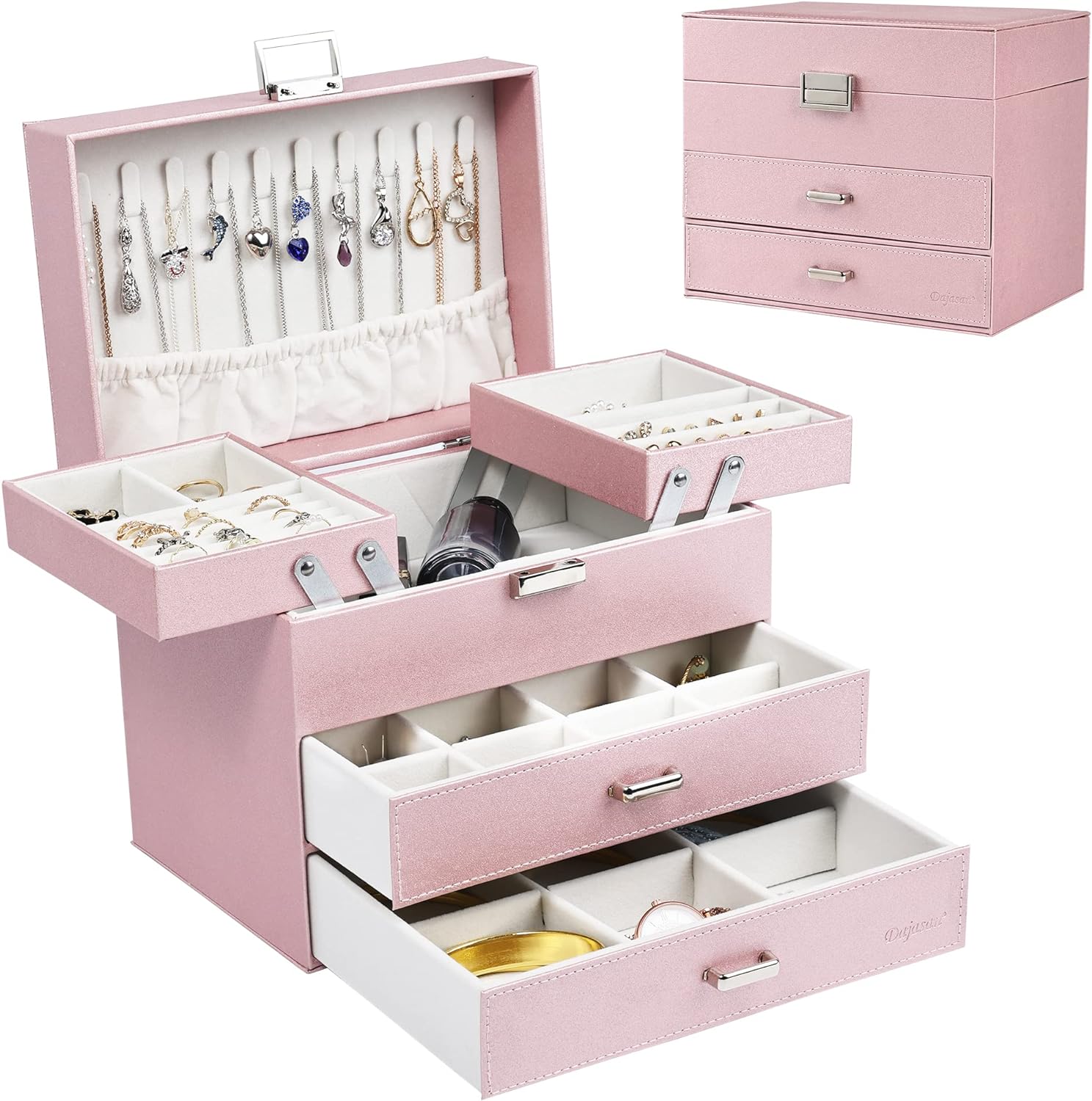 Jewelry Organizer Box for Women Girls, Jewelry Holder Organizer, 4 Layers Leather Jewelry Box