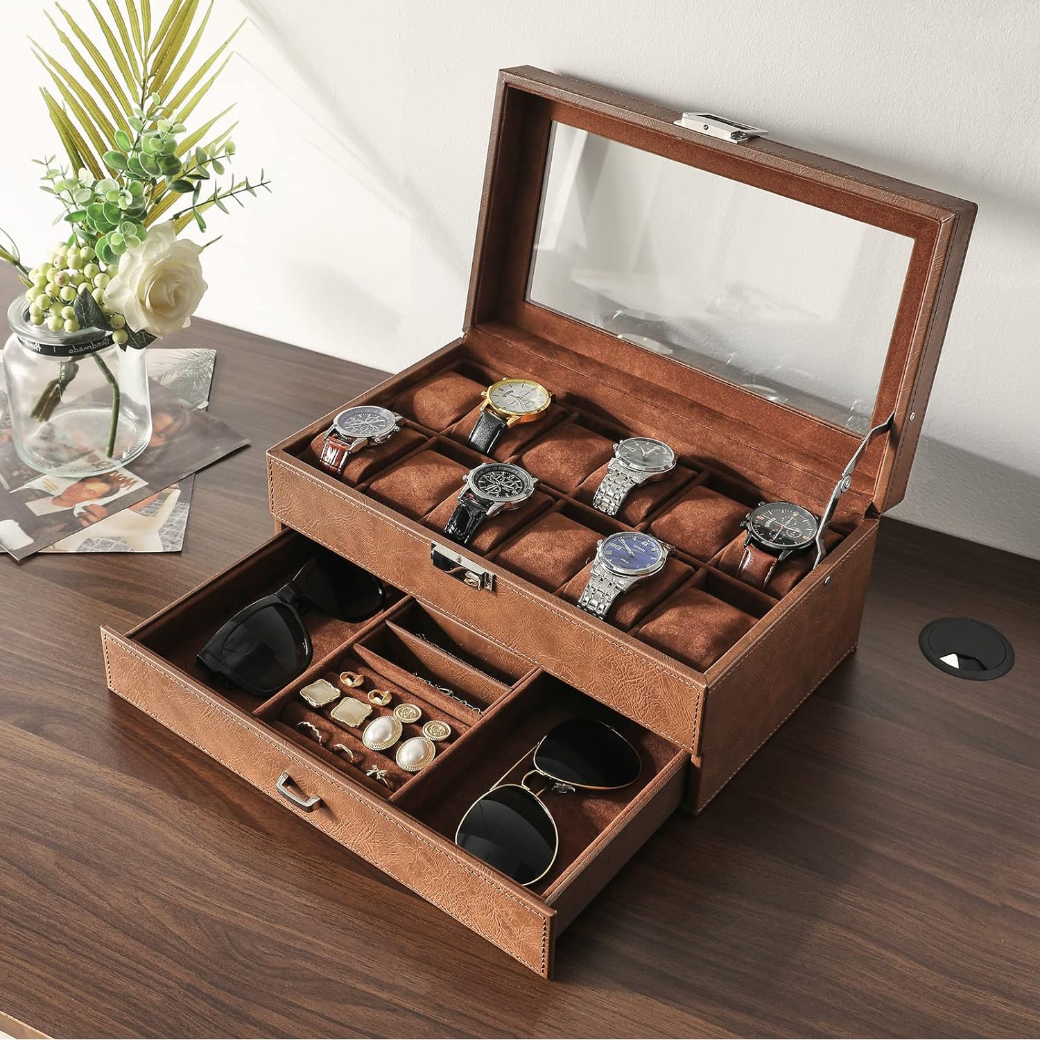 Watch Box 12 Slots PU Leather Watch Case for Men - Jewelry Display Drawer Case with Glass Top,Smooth Velvet Lining