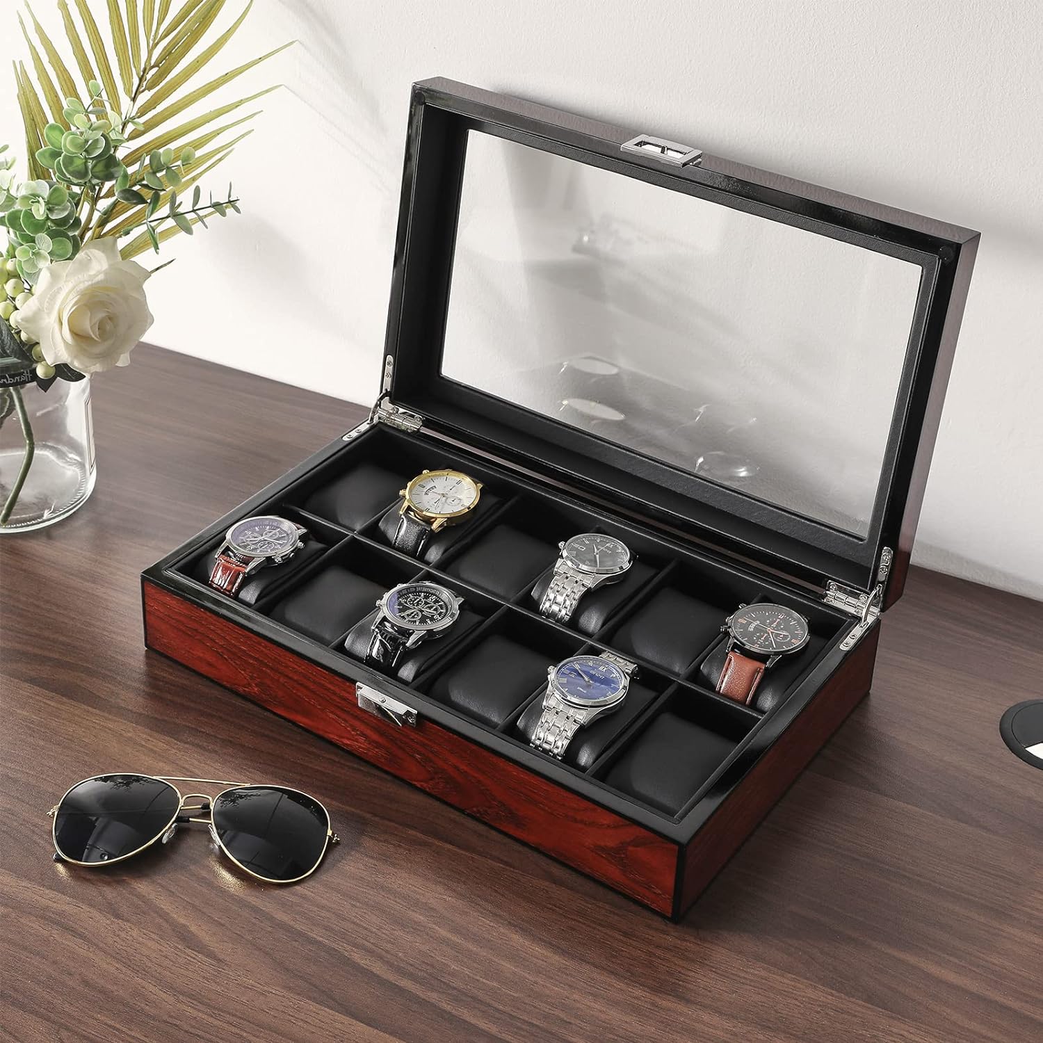 Watch Box 12 Slots PU Leather Watch Case for Men - Jewelry Display Drawer Case with Glass Top,Smooth Velvet Lining