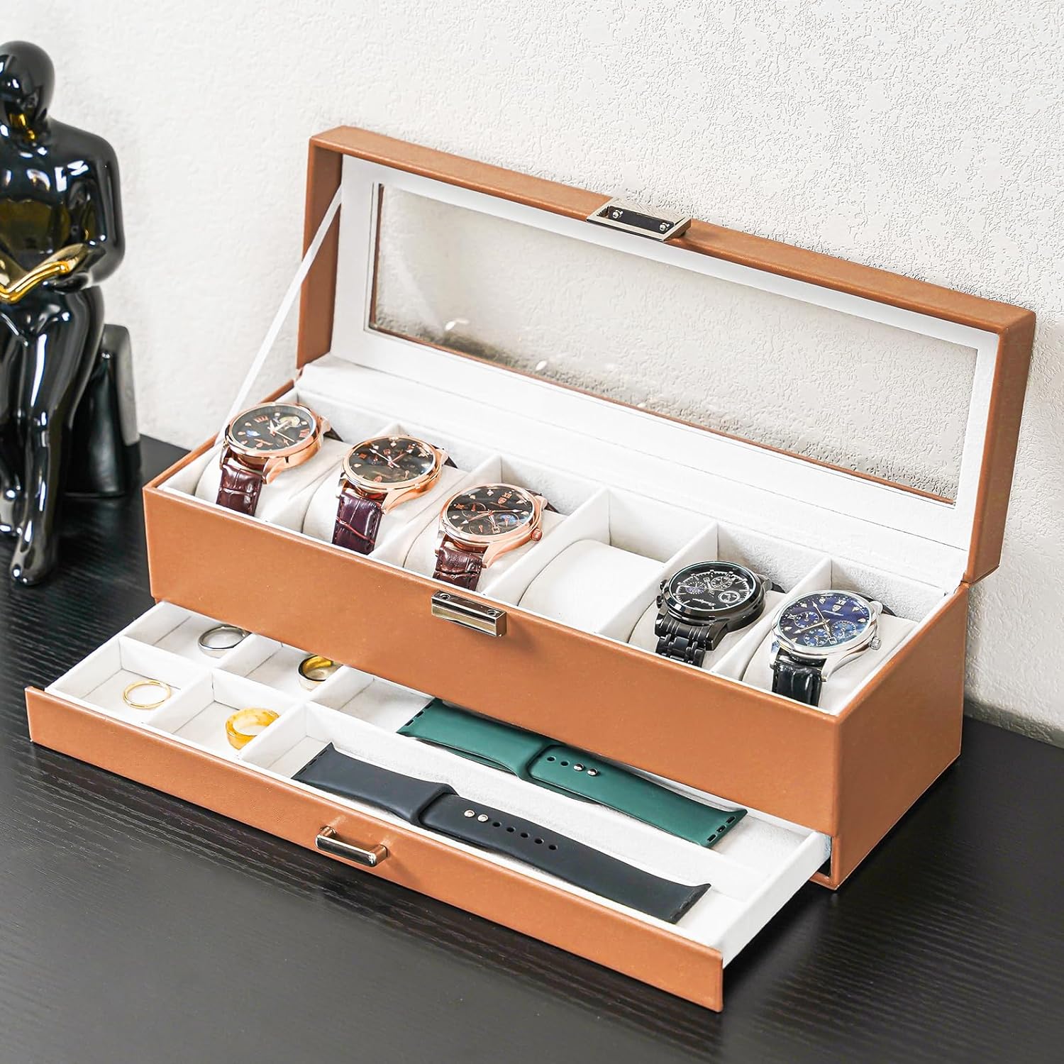 6 Slot Watch Display Case with Drawer, layer Jewelry and Watch Storage Case