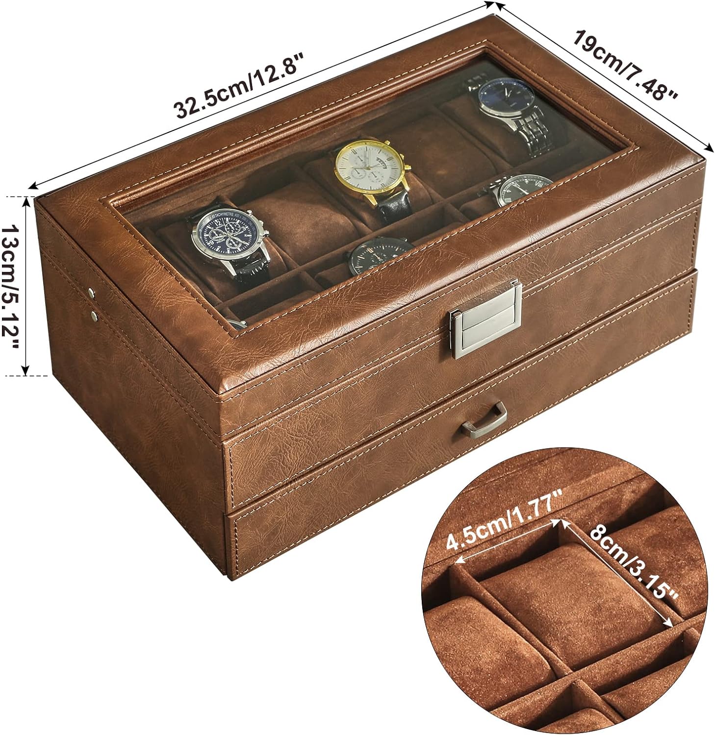 Watch Box 12 Slots PU Leather Watch Case for Men - Jewelry Display Drawer Case with Glass Top,Smooth Velvet Lining