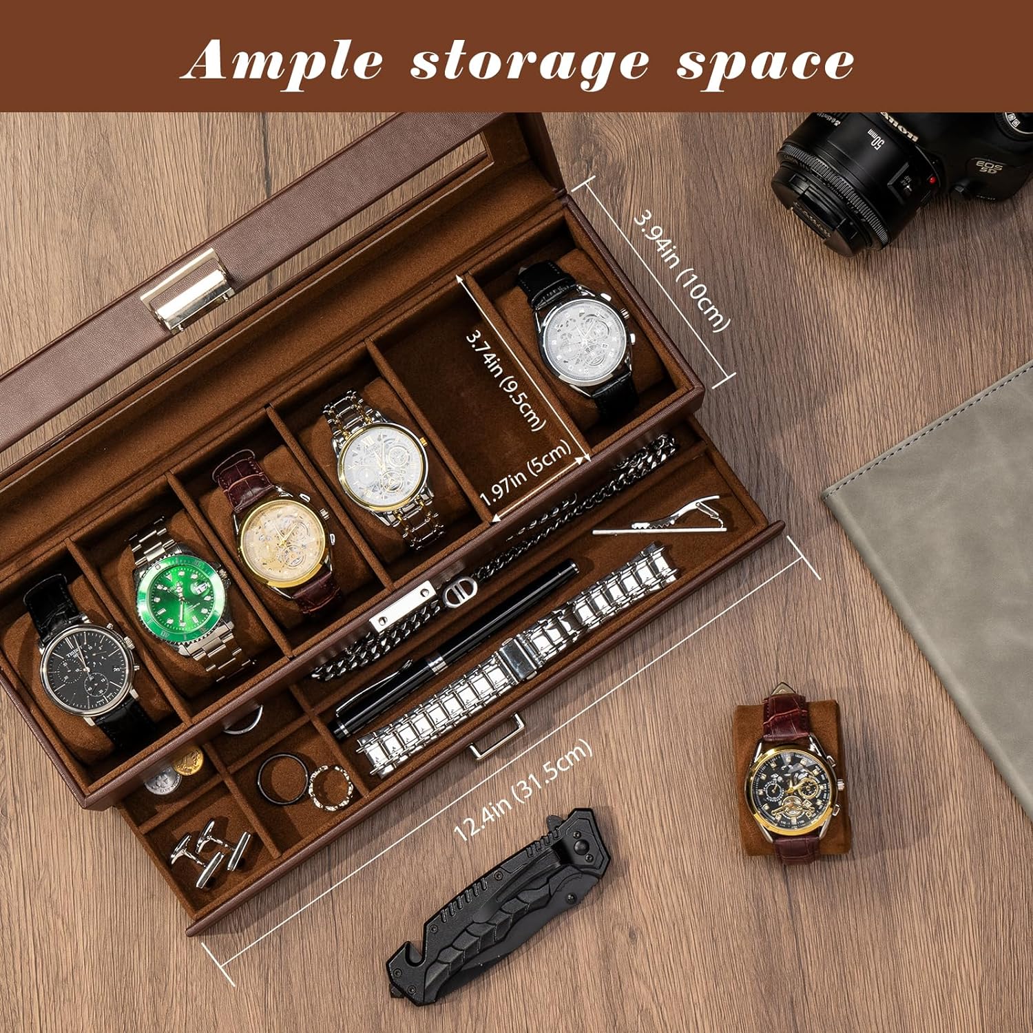 6 Slot Watch Display Case with Drawer, layer Jewelry and Watch Storage Case