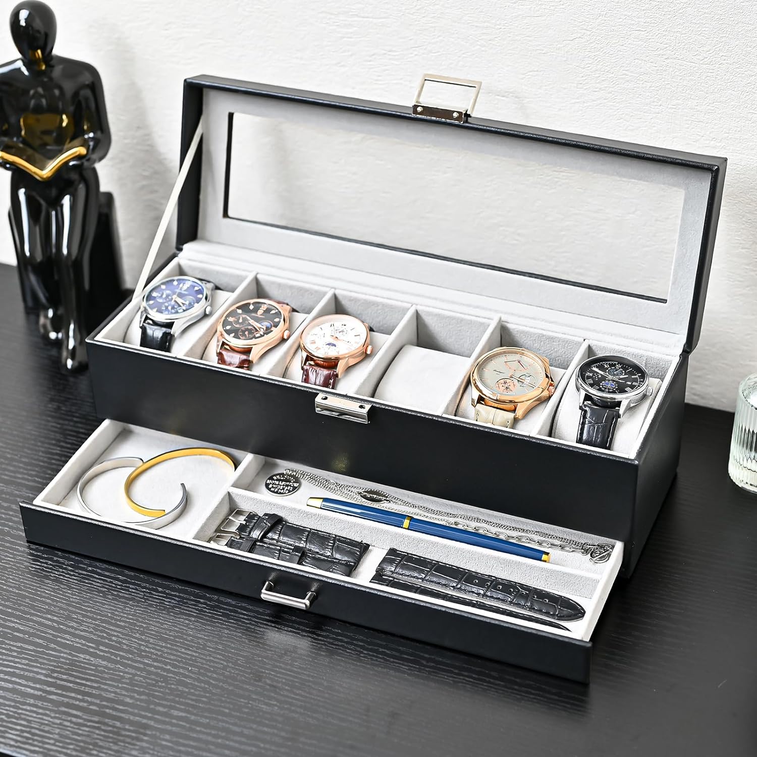 6 Slot Watch Display Case with Drawer, layer Jewelry and Watch Storage Case