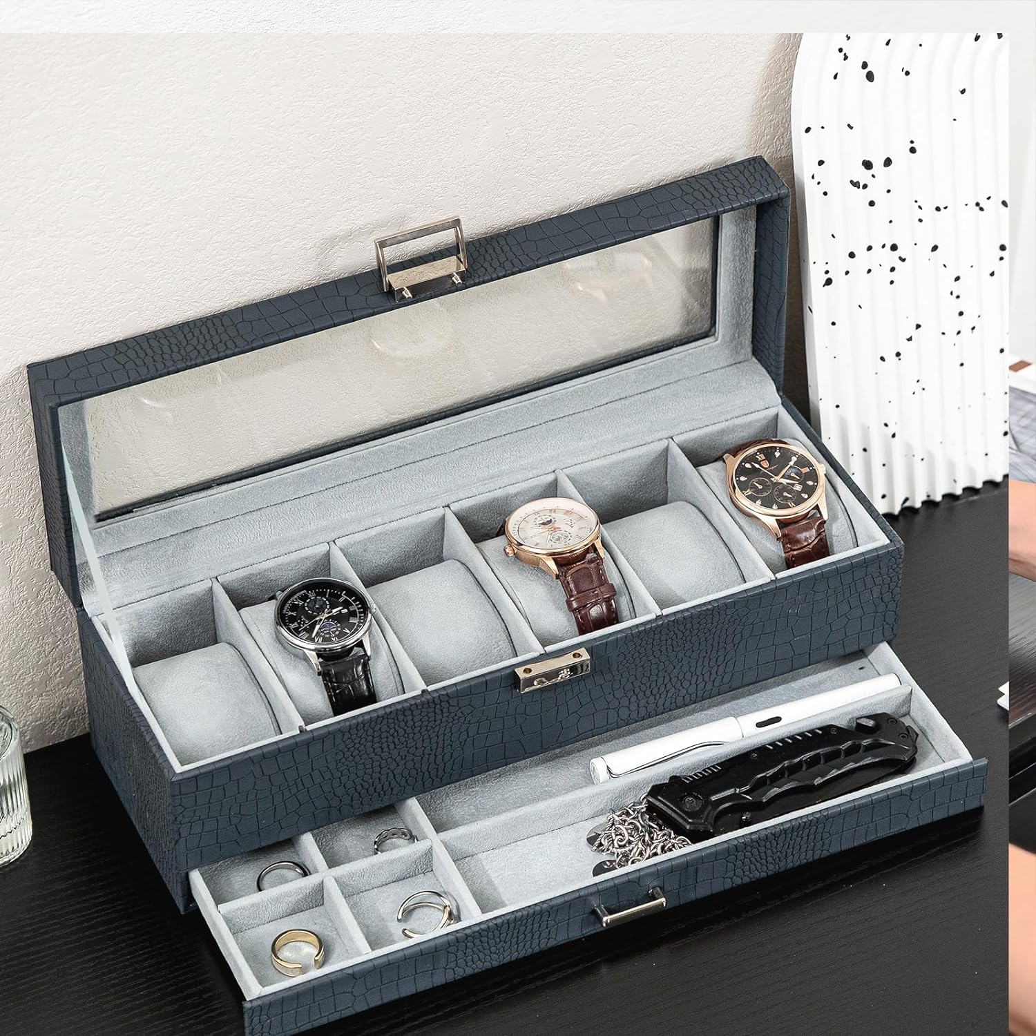 6 Slot Watch Display Case with Drawer, layer Jewelry and Watch Storage Case