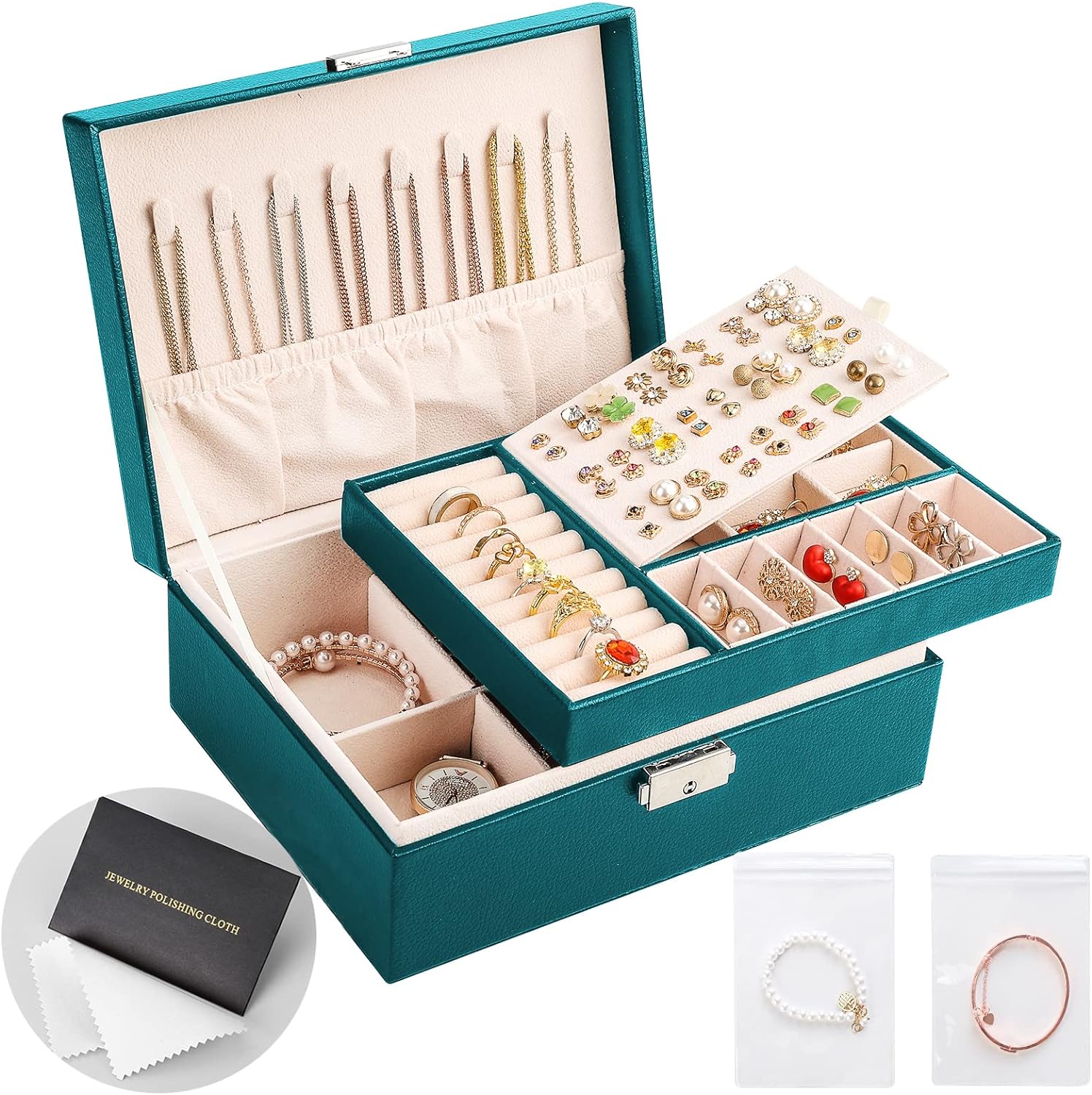 Leather Jewelry Box  Gift Earring Organizer Double Layers Jewelry Case Removable Tray for Necklace Earring Ring