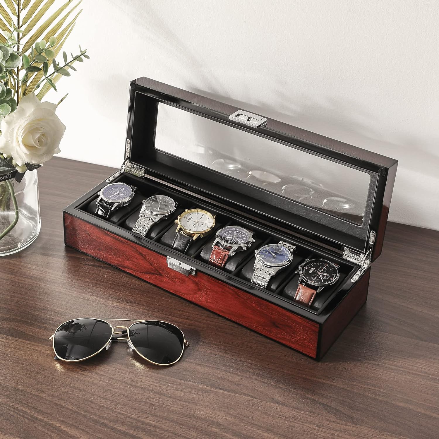 Watch Box 12 Slots PU Leather Watch Case for Men - Jewelry Display Drawer Case with Glass Top,Smooth Velvet Lining