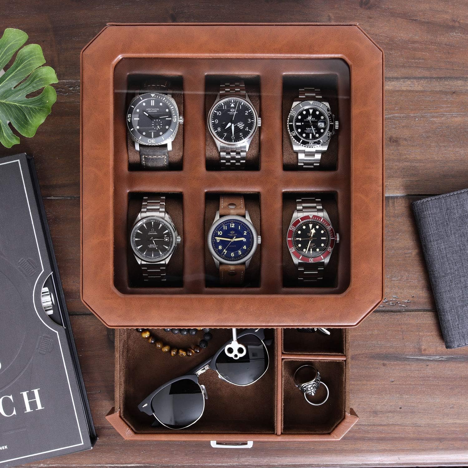 6 Slot Leather Watch Box with Valet Drawer - Luxury Watch Case Display Organizer, Microsuede Liner, Locking Mens Jewelry Watches Holder, Men's Storage Boxes Holder Large Glass Top