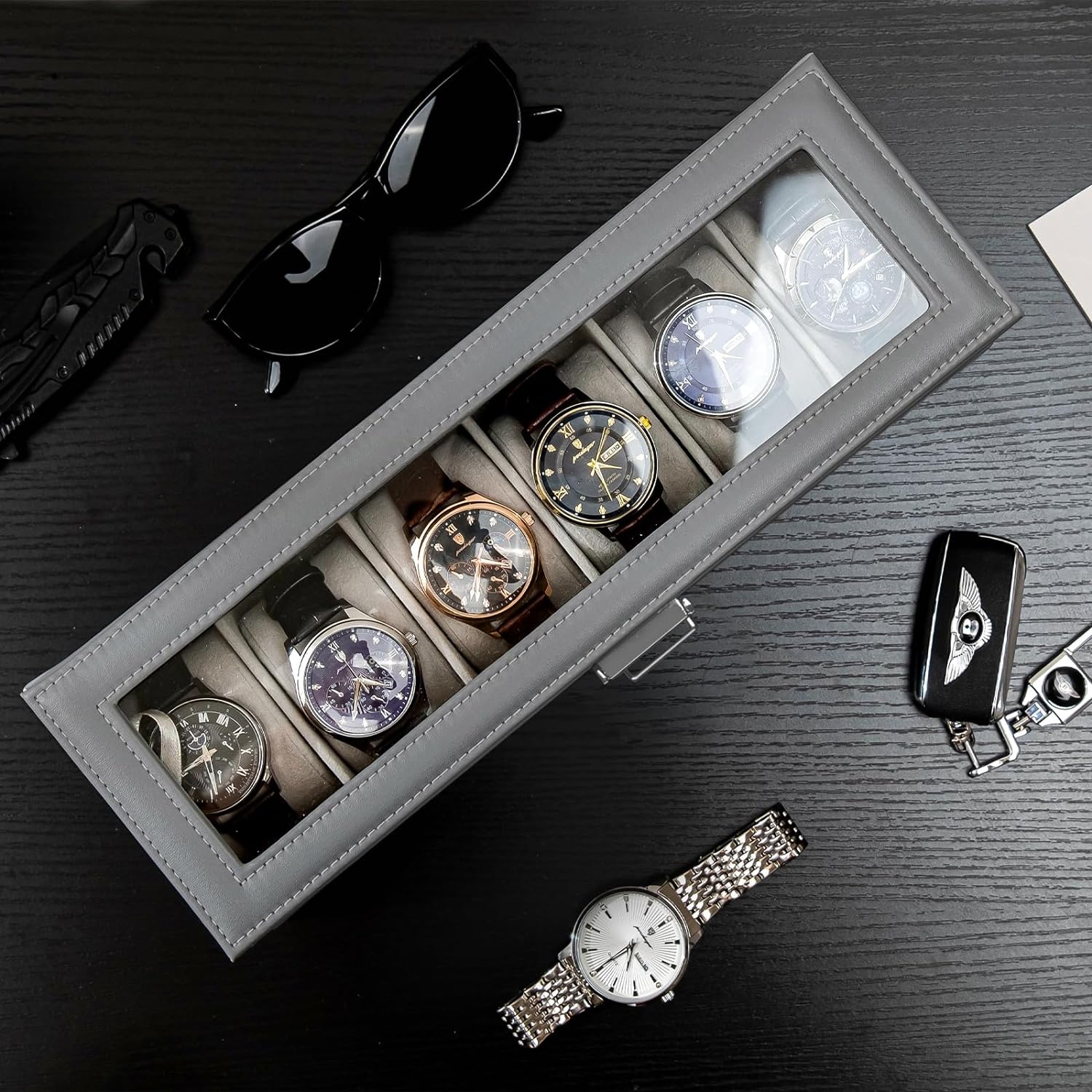 6 Slot Watch Display Case with Drawer, layer Jewelry and Watch Storage Case