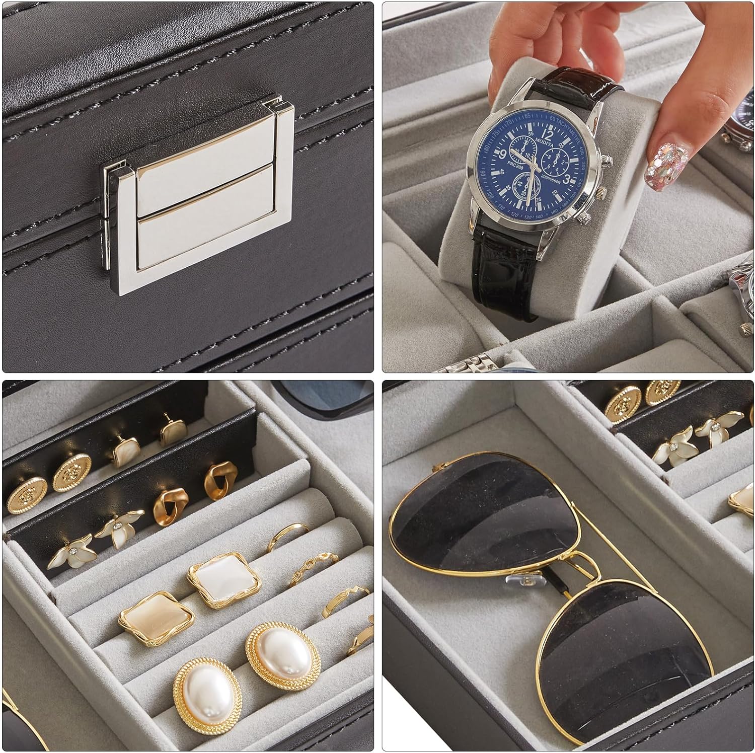 Watch Box 12 Slots PU Leather Watch Case for Men - Jewelry Display Drawer Case with Glass Top,Smooth Velvet Lining