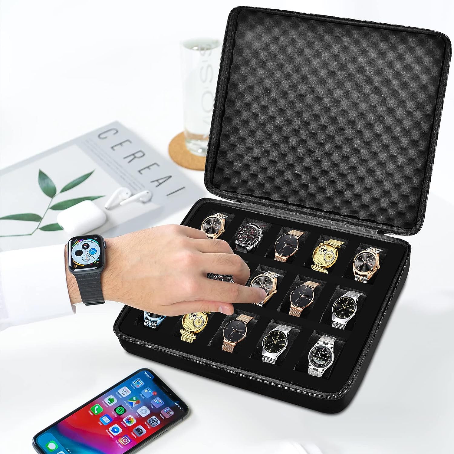 15 Slots Watch Box Organizer/Men Watch Display Storage Case Fits All Wristwatches and Smart Watches up to 42mm