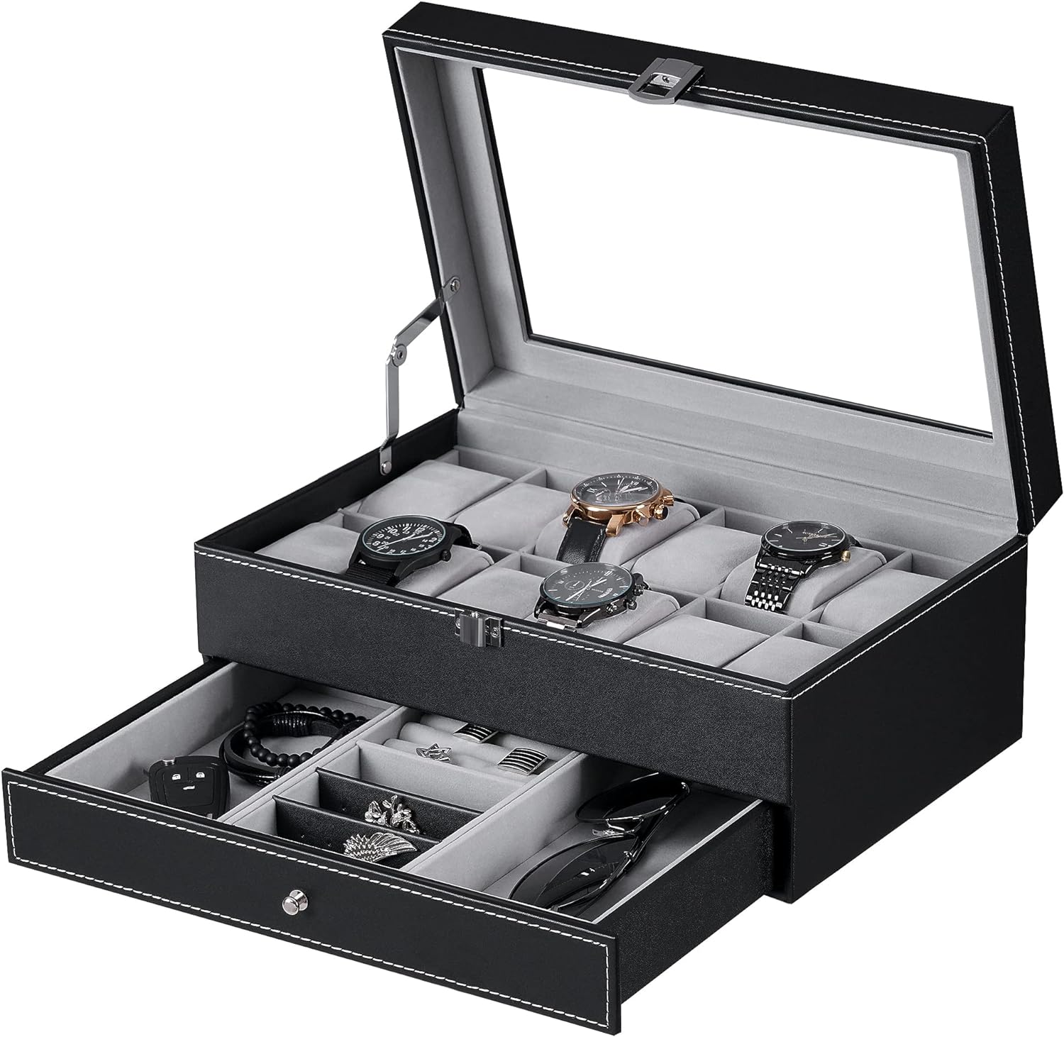 Watch Box Organizer with Valet Drawer - Real Glass Top, Adjustable Tray, Metal Hinge, Carbon Fiber Design - 12 Slots Watch Storage Case for Men