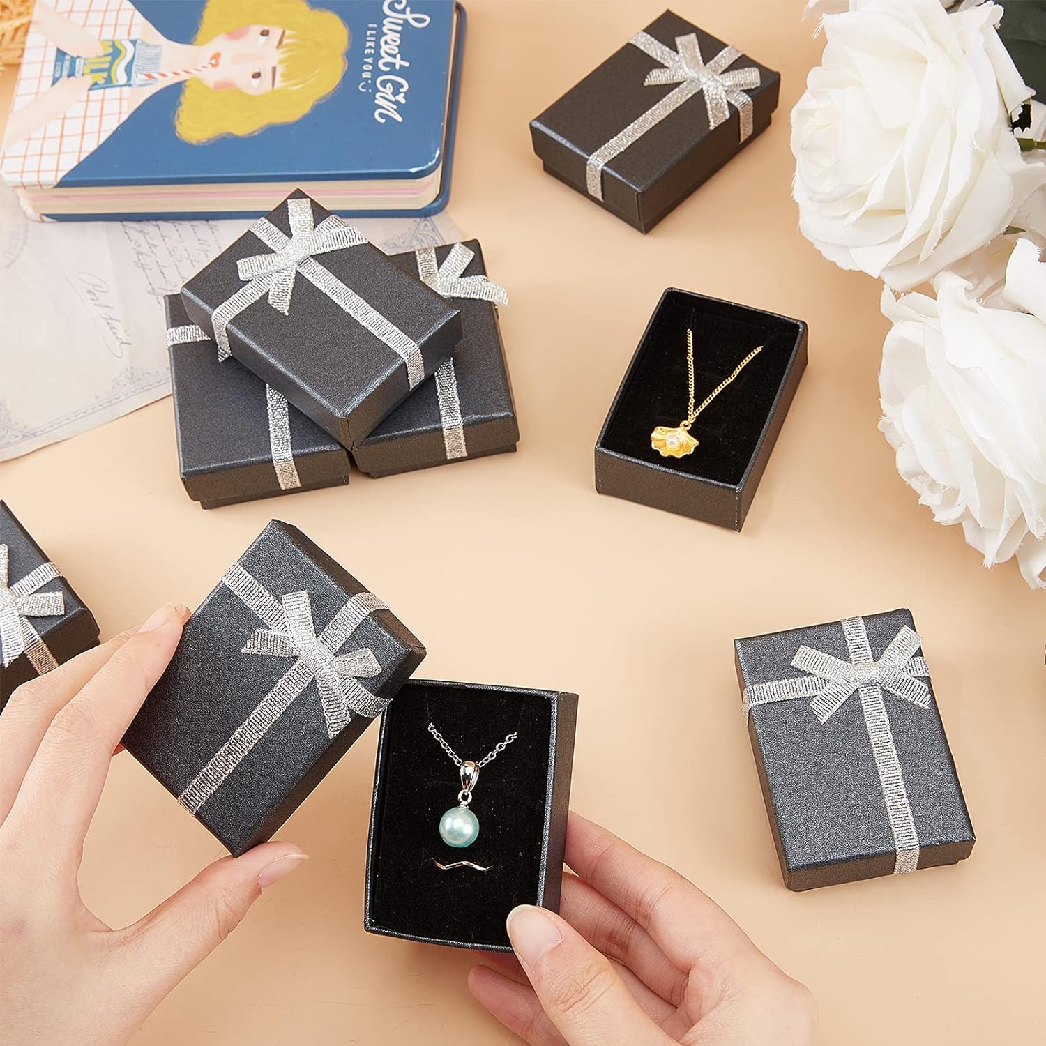 Jewelry Gift Box Set 12Pcs 2.7x2x1 Inch Cardboard Paper Jewelry Boxes Gift Cases with Ribbon Bowknot for Earring Jewelry Rings Pendant Necklaces Bracelet Packaging Box Golden Silver Black