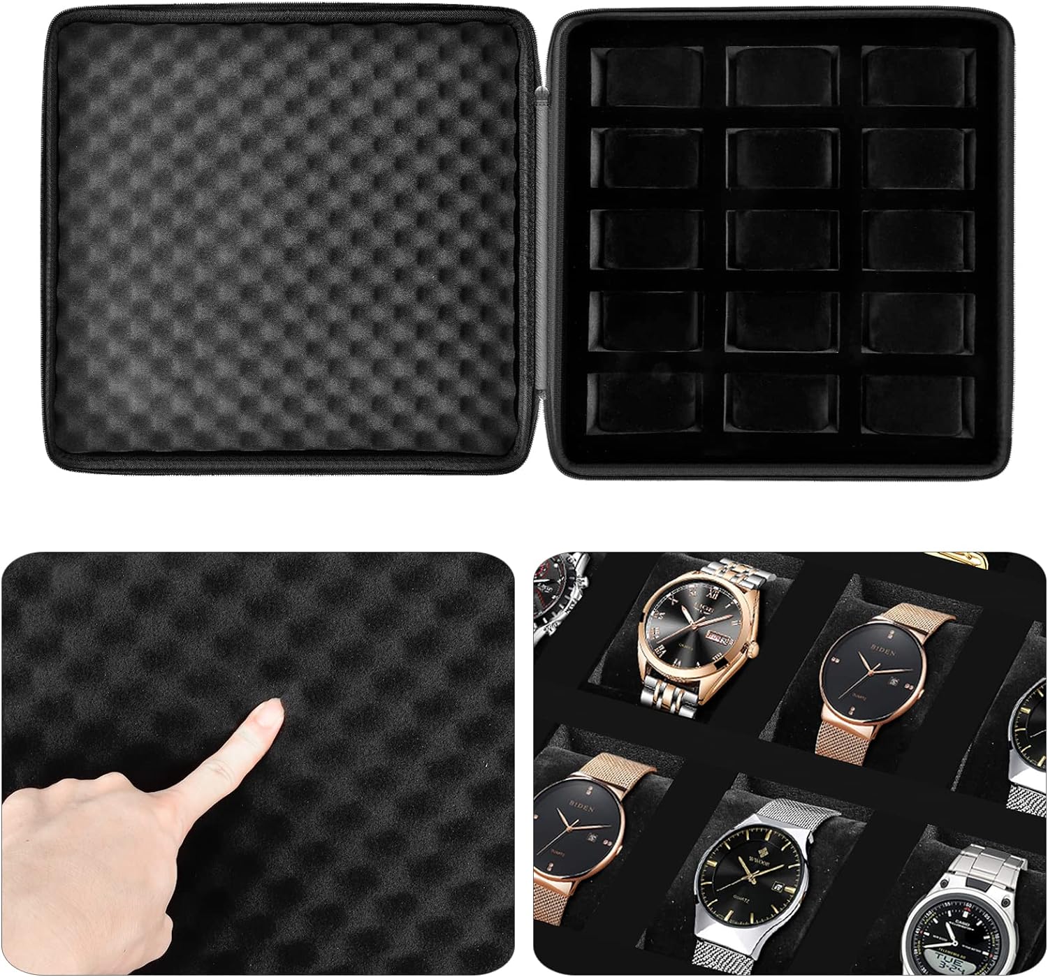 15 Slots Watch Box Organizer/Men Watch Display Storage Case Fits All Wristwatches and Smart Watches up to 42mm