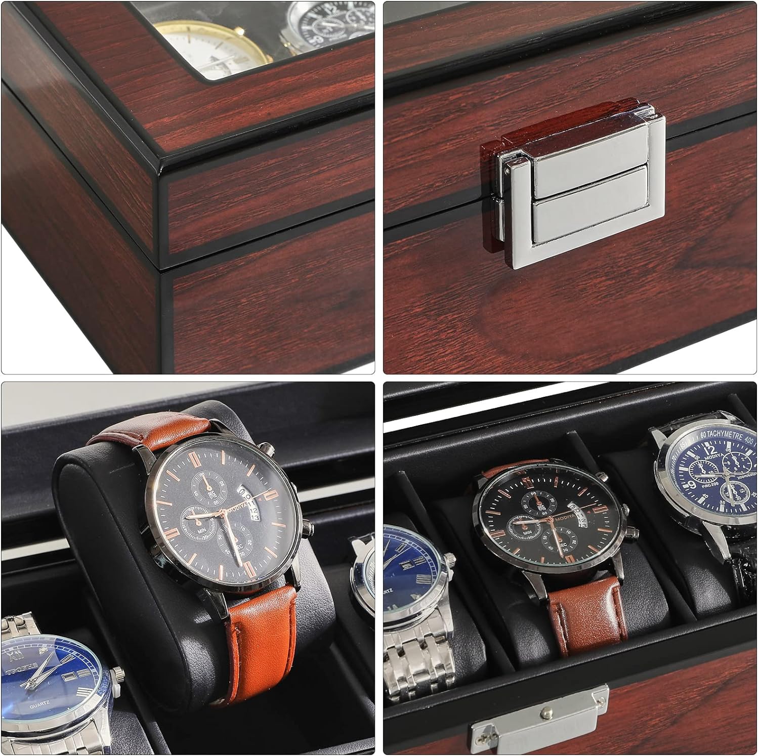 Watch Box 12 Slots PU Leather Watch Case for Men - Jewelry Display Drawer Case with Glass Top,Smooth Velvet Lining