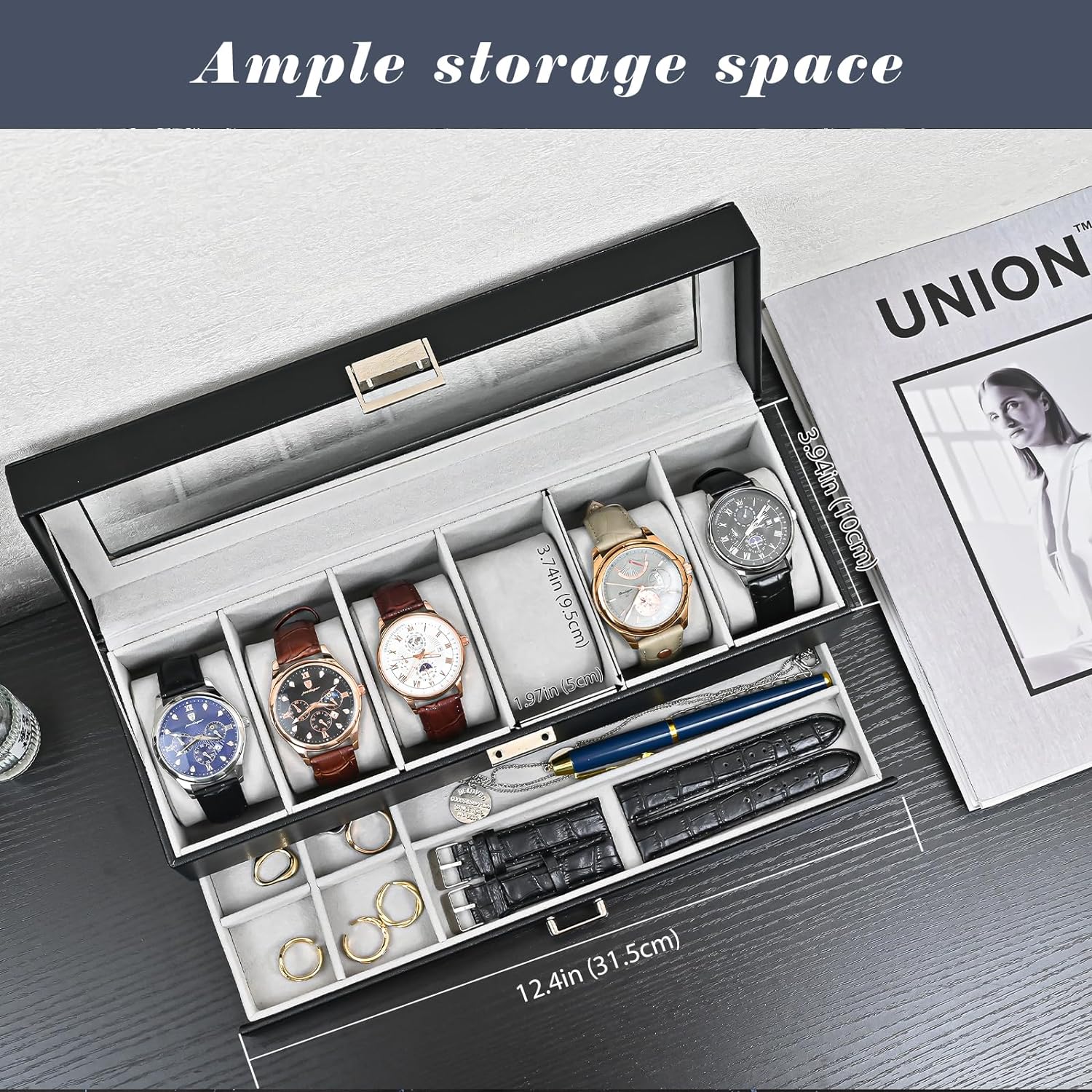 6 Slot Watch Display Case with Drawer, layer Jewelry and Watch Storage Case