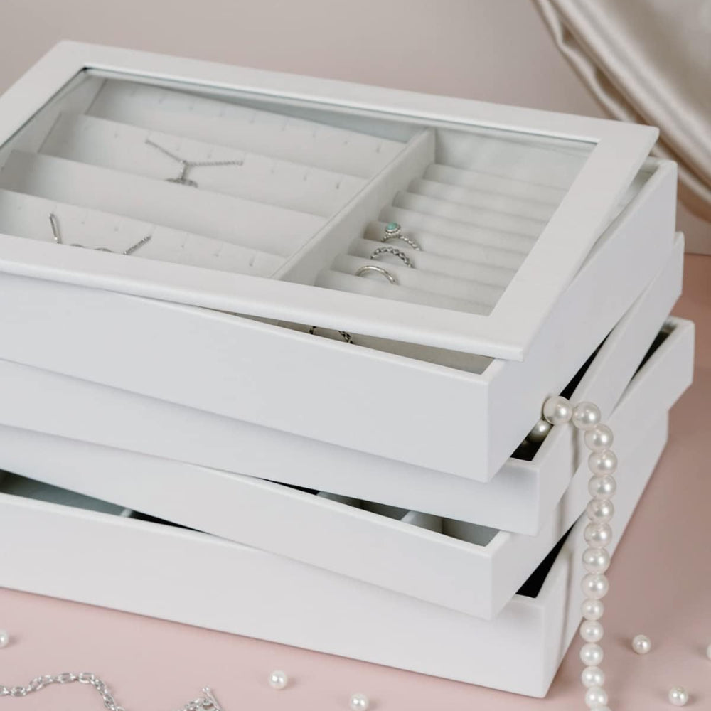 Jewelry Trays Stackable Showcase Display Drawer Organizer Storage Toughened Glass Lid Multi-Purpose