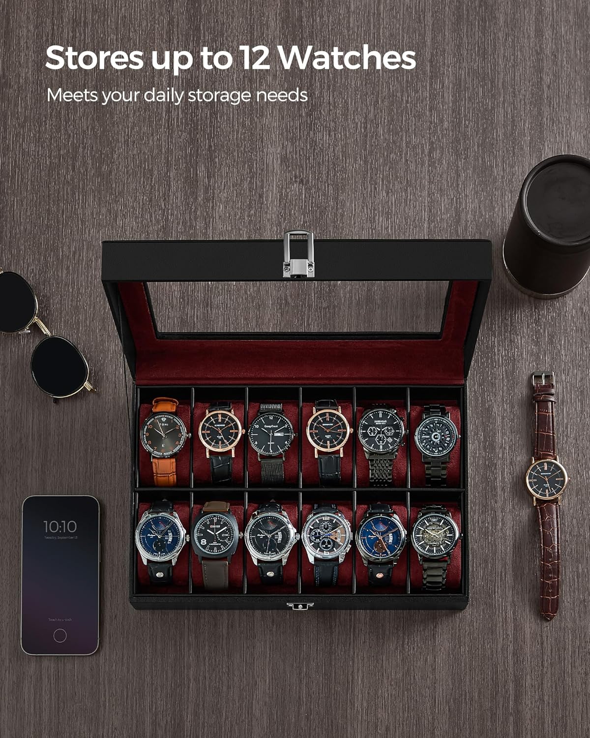 12-Slot Black Synthetic Leather Watch Box with Large Glass Lid and Removable Watch Pillows