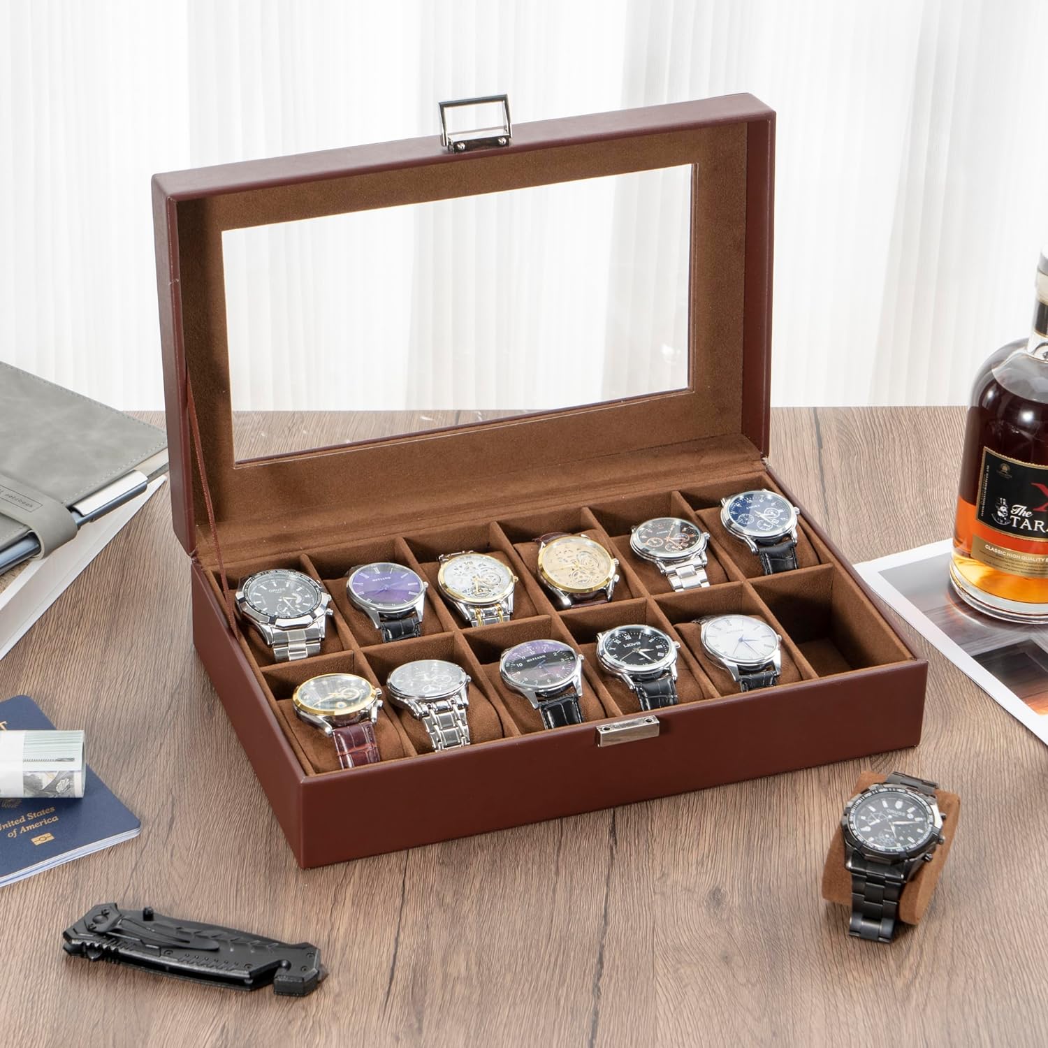 Watch Box for Men, 6 Slot Watch Display Case Mens Watch Box Organizer, PU Leather Watch Cases for Men Watch Storage, Valentines Gift Watch Holder Organizer with Glass Lid -6 Slot,