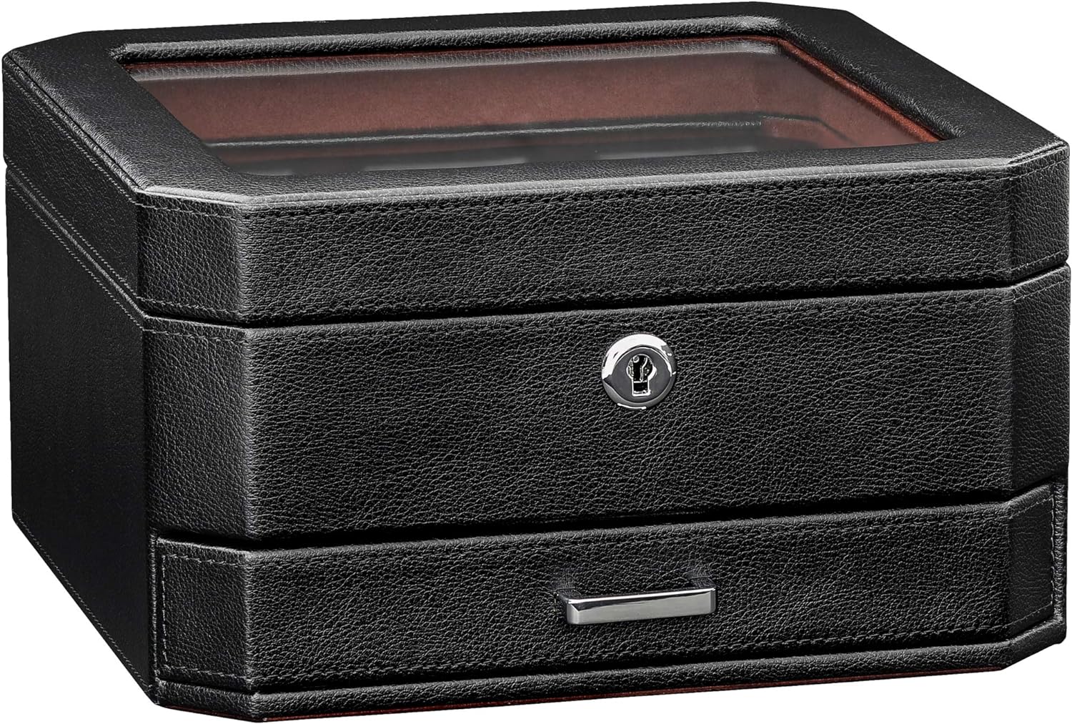 6 Slot Leather Watch Box with Valet Drawer - Luxury Watch Case Display Organizer, Microsuede Liner, Locking Mens Jewelry Watches Holder, Men's Storage Boxes Holder Large Glass Top