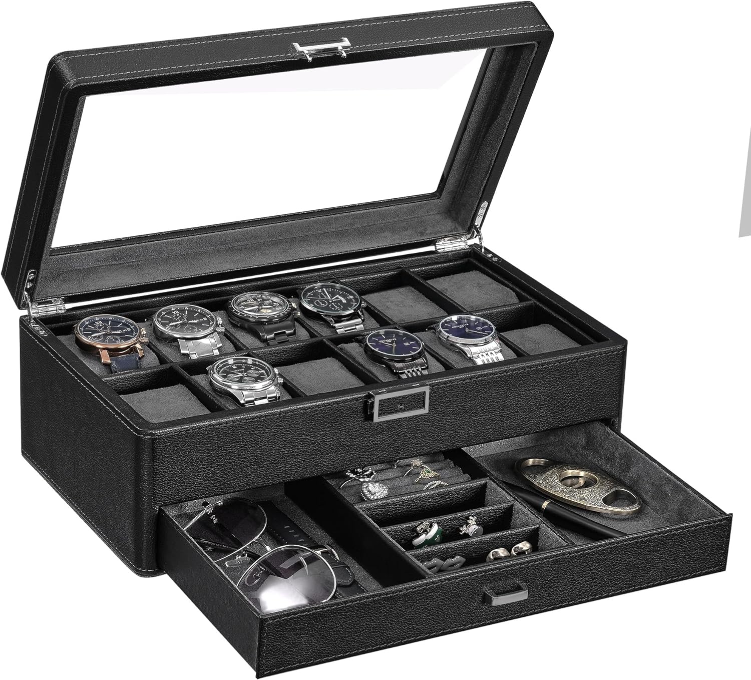 Watch Box Organizer with Valet Drawer - Real Glass Top, Adjustable Tray, Metal Hinge, Carbon Fiber Design - 12 Slots Watch Storage Case for Men