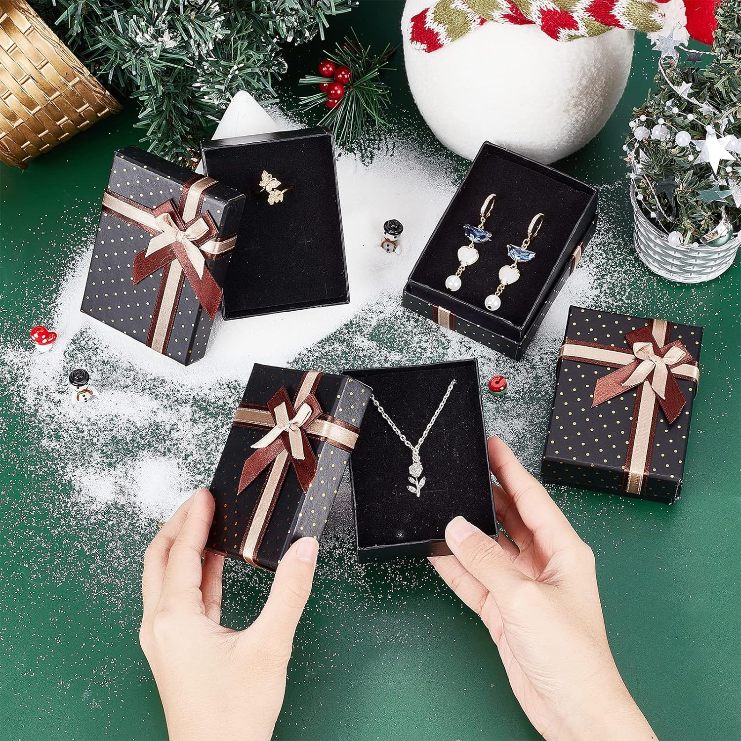 Jewelry Gift Box Set 12Pcs 2.7x2x1 Inch Cardboard Paper Jewelry Boxes Gift Cases with Ribbon Bowknot for Earring Jewelry Rings Pendant Necklaces Bracelet Packaging Box Golden Silver Black