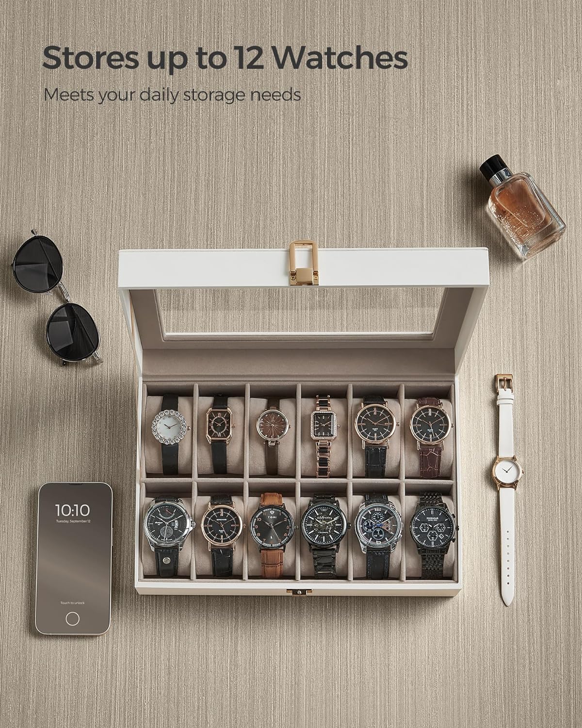 12-Slot Black Synthetic Leather Watch Box with Large Glass Lid and Removable Watch Pillows