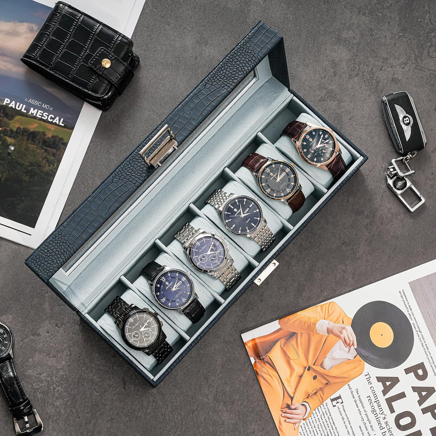 Watch Box for Men, 6 Slot Watch Display Case Mens Watch Box Organizer, PU Leather Watch Cases for Men Watch Storage, Valentines Gift Watch Holder Organizer with Glass Lid -6 Slot,