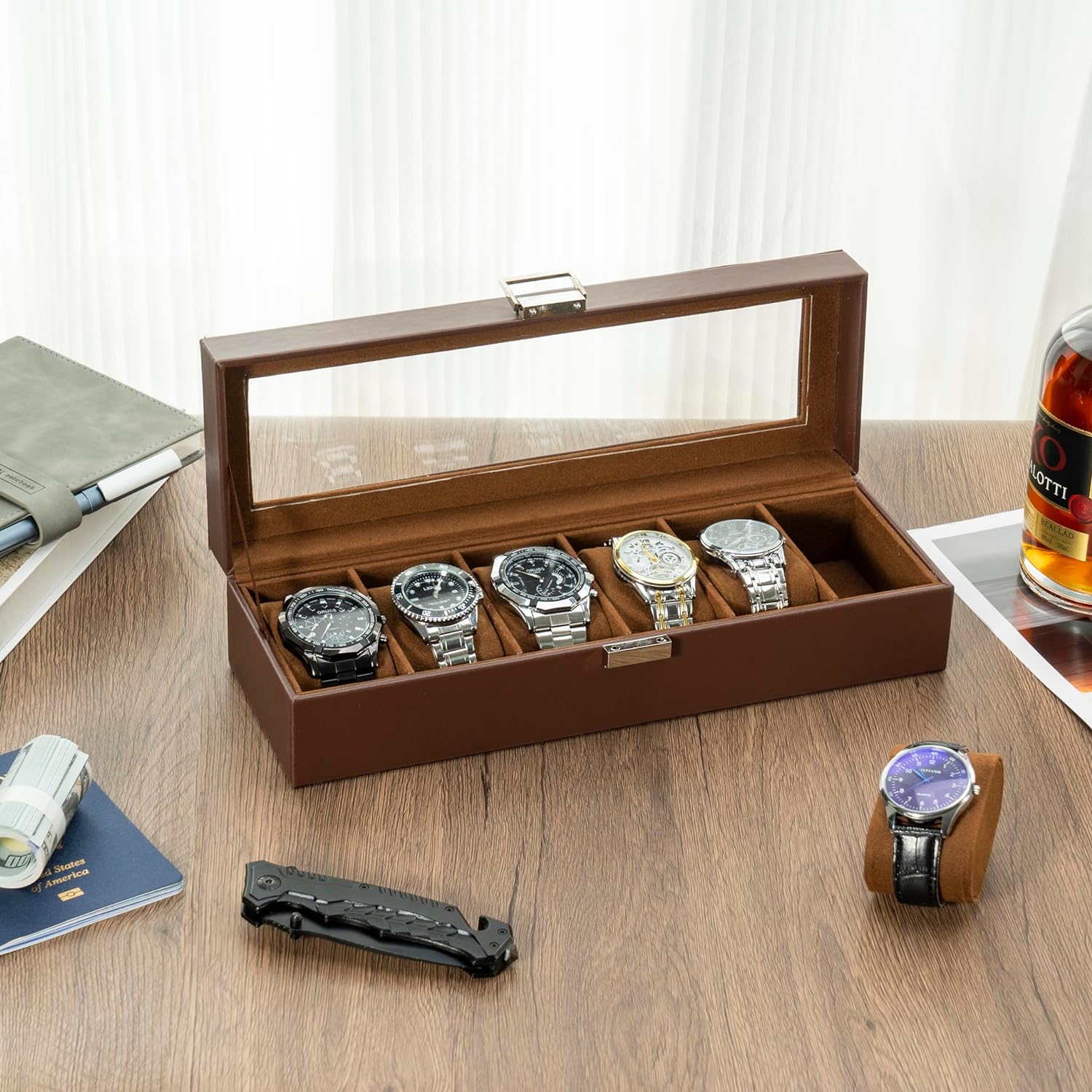 Watch Box for Men, 6 Slot Watch Display Case Mens Watch Box Organizer, PU Leather Watch Cases for Men Watch Storage, Valentines Gift Watch Holder Organizer with Glass Lid -6 Slot,